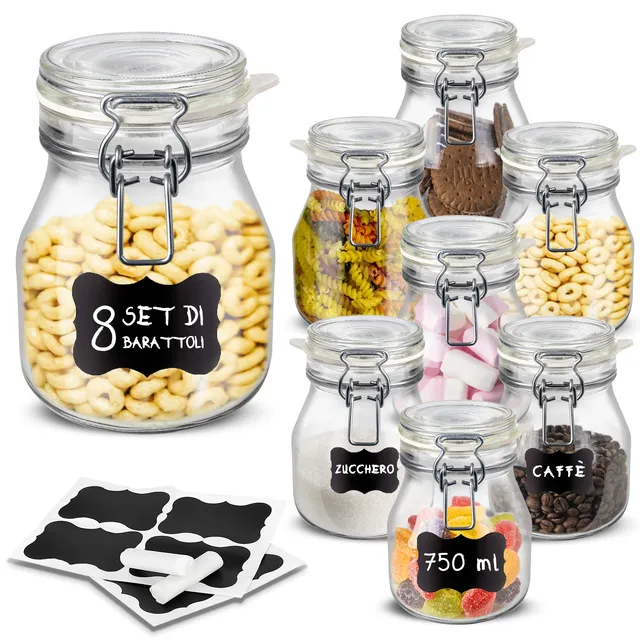 Creative Home Set 8 Barattoli Vetro Chiusura Clip 750 ml