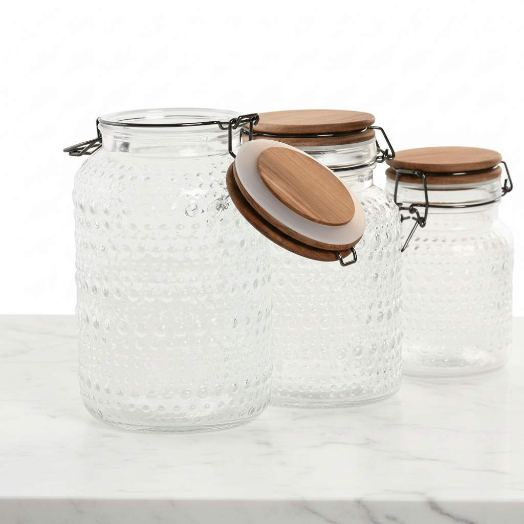 Home ESPRIT barattoli vetro ermetici acacia 3 pezzi
