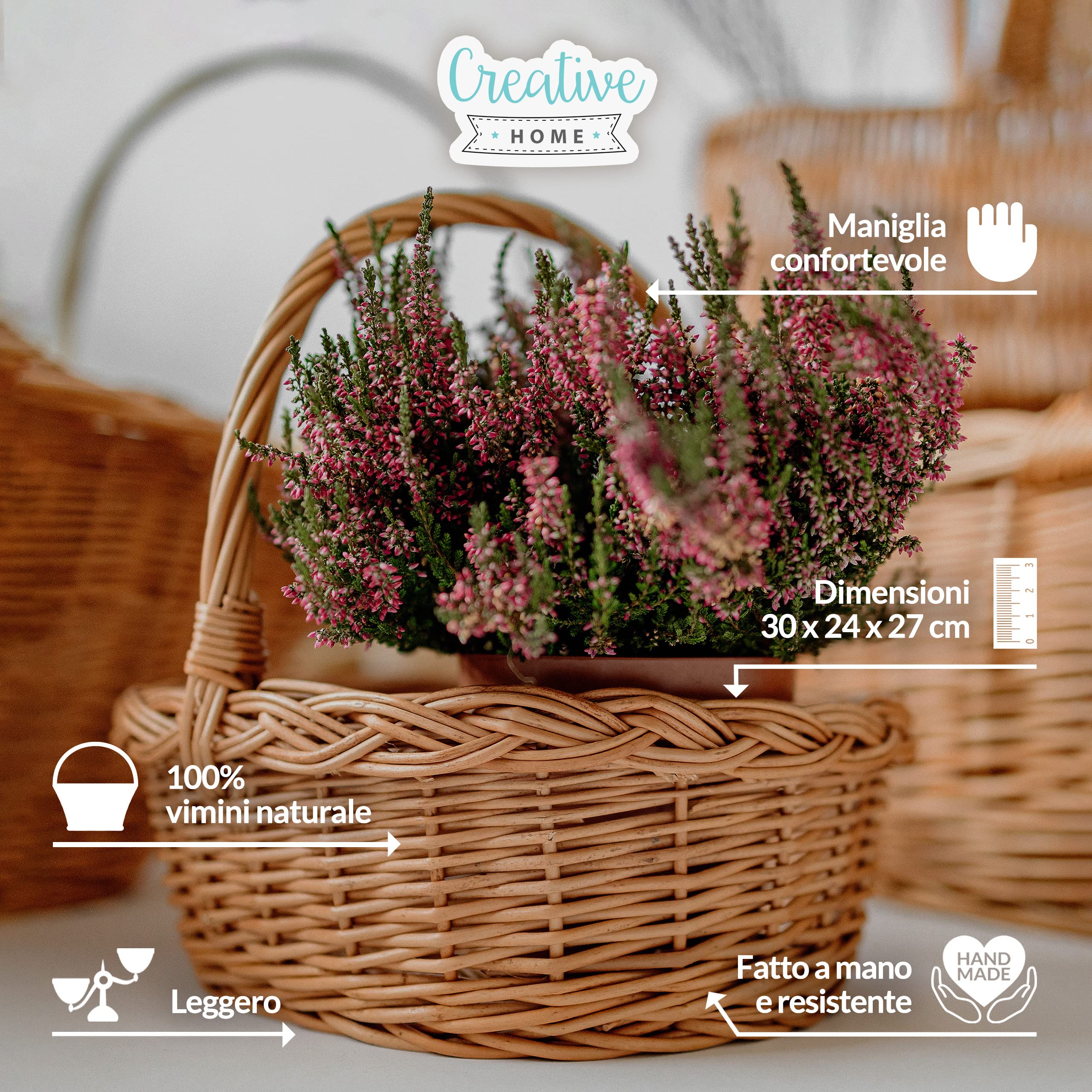 Creative Home Cestino Vimini Manico 30x27x24 cm Piccolo