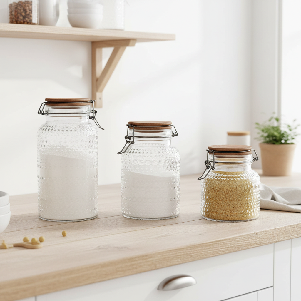 Home ESPRIT barattoli vetro ermetici acacia 3 pezzi