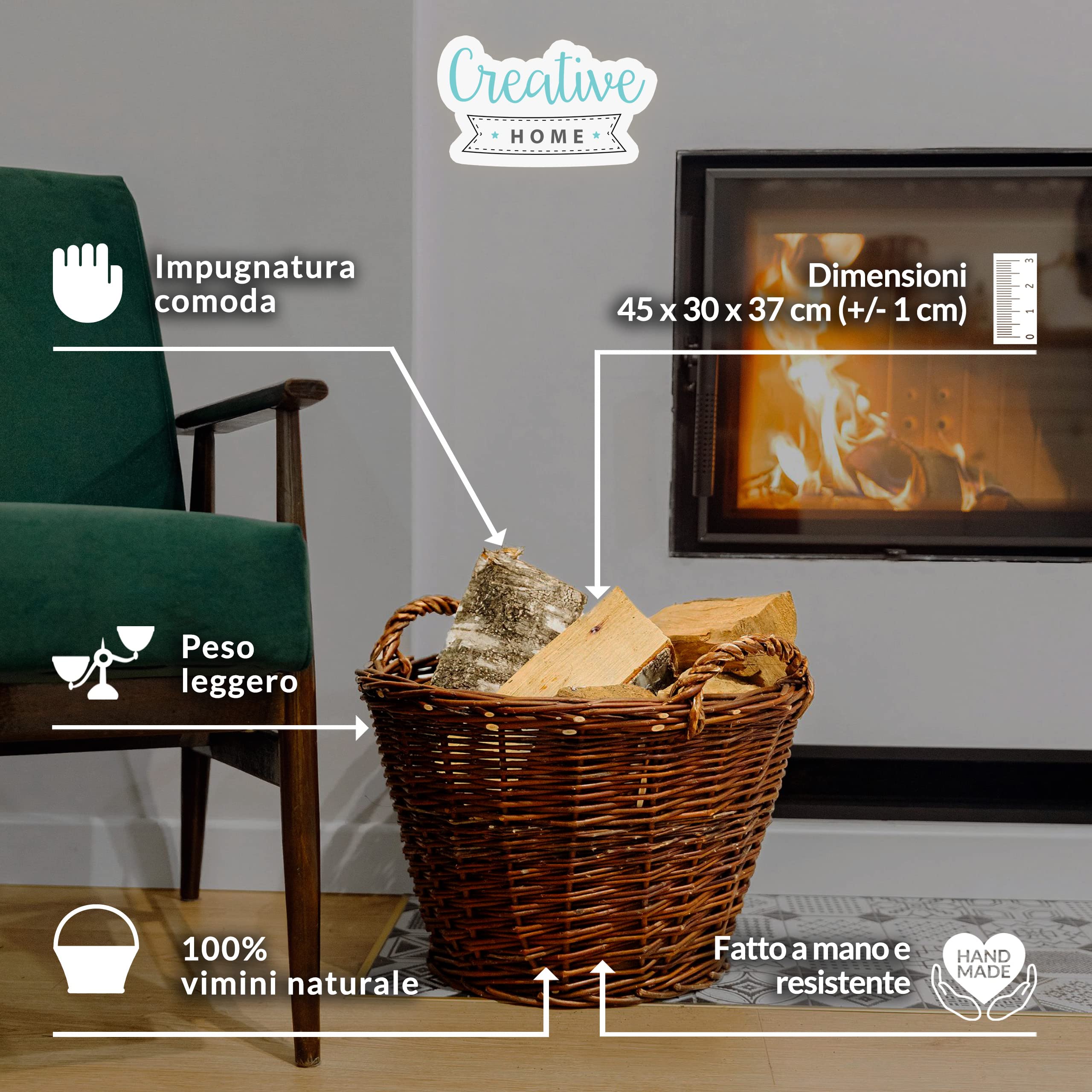 Creative Home Cesto Vimini Portalegna Ø45 cm con Manici
