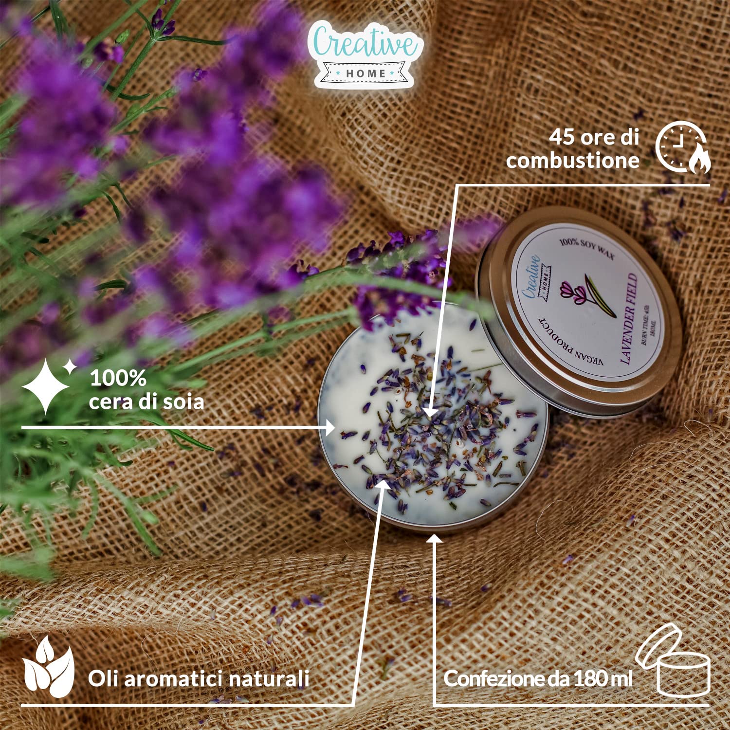 Creative Home Candela Profumata Lavanda 180 ml Cera di Soia