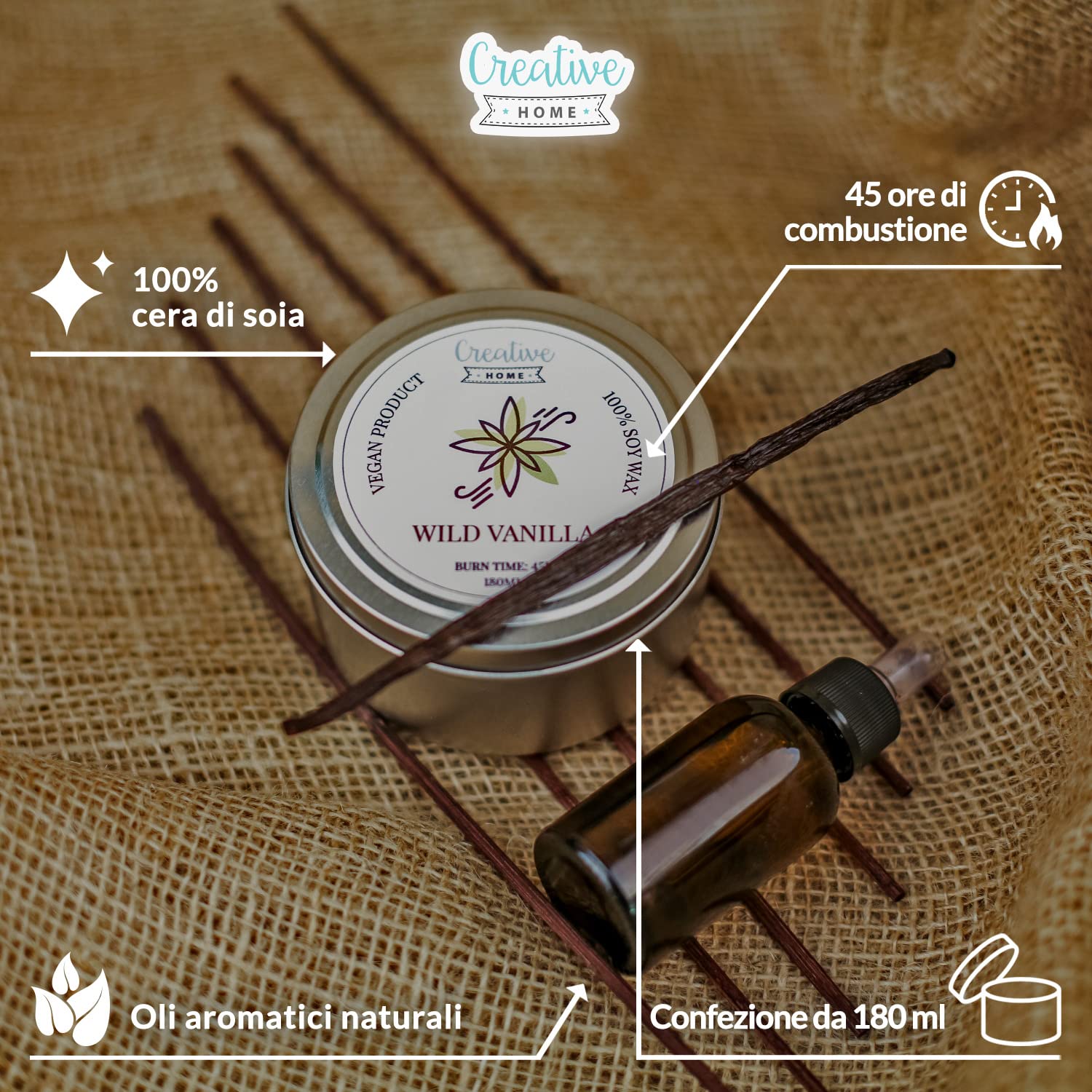 Creative Home Candela Profumata Vaniglia 180 ml Cera di Soia