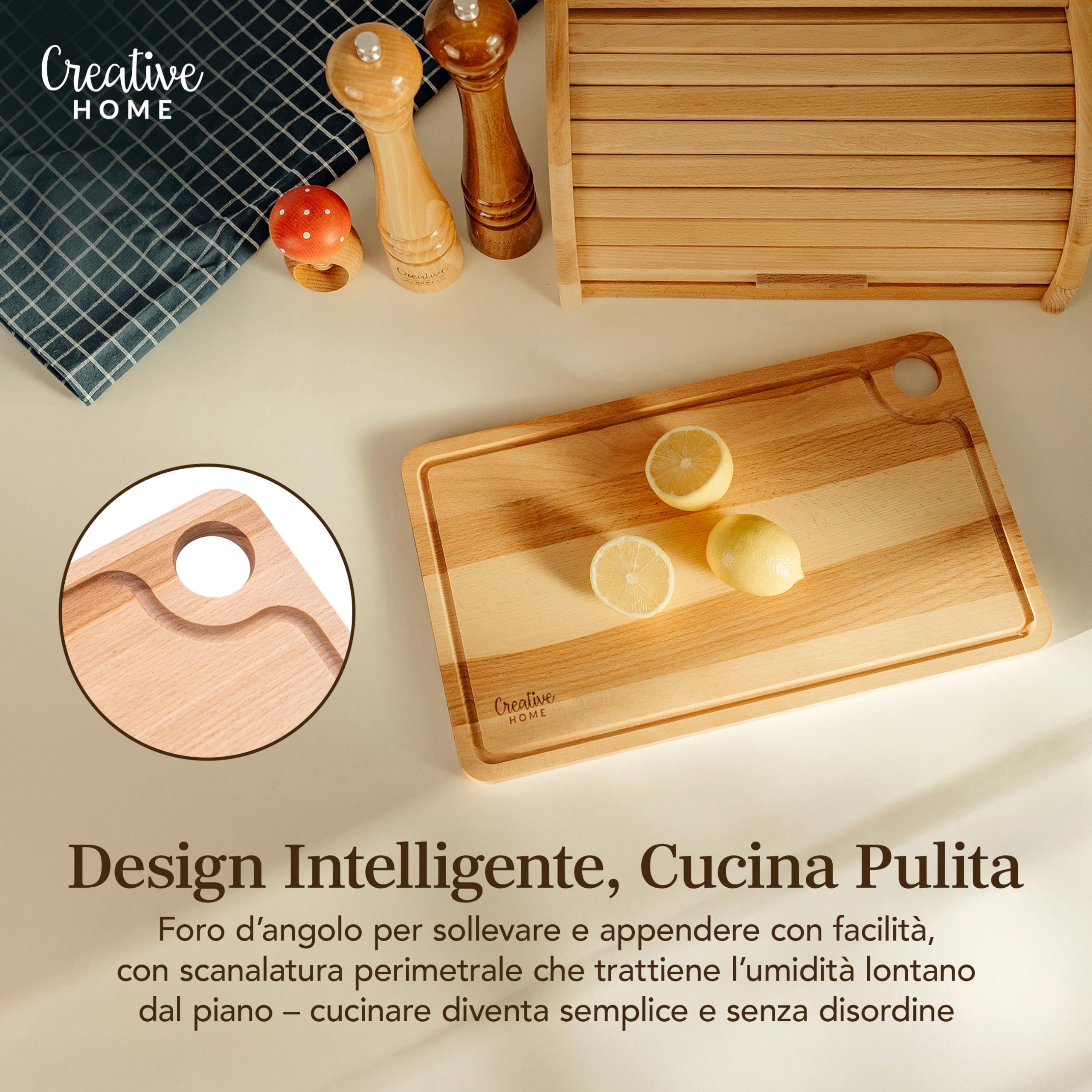 Creative Home Tagliere Faggio con Scanalatura Reversibile
