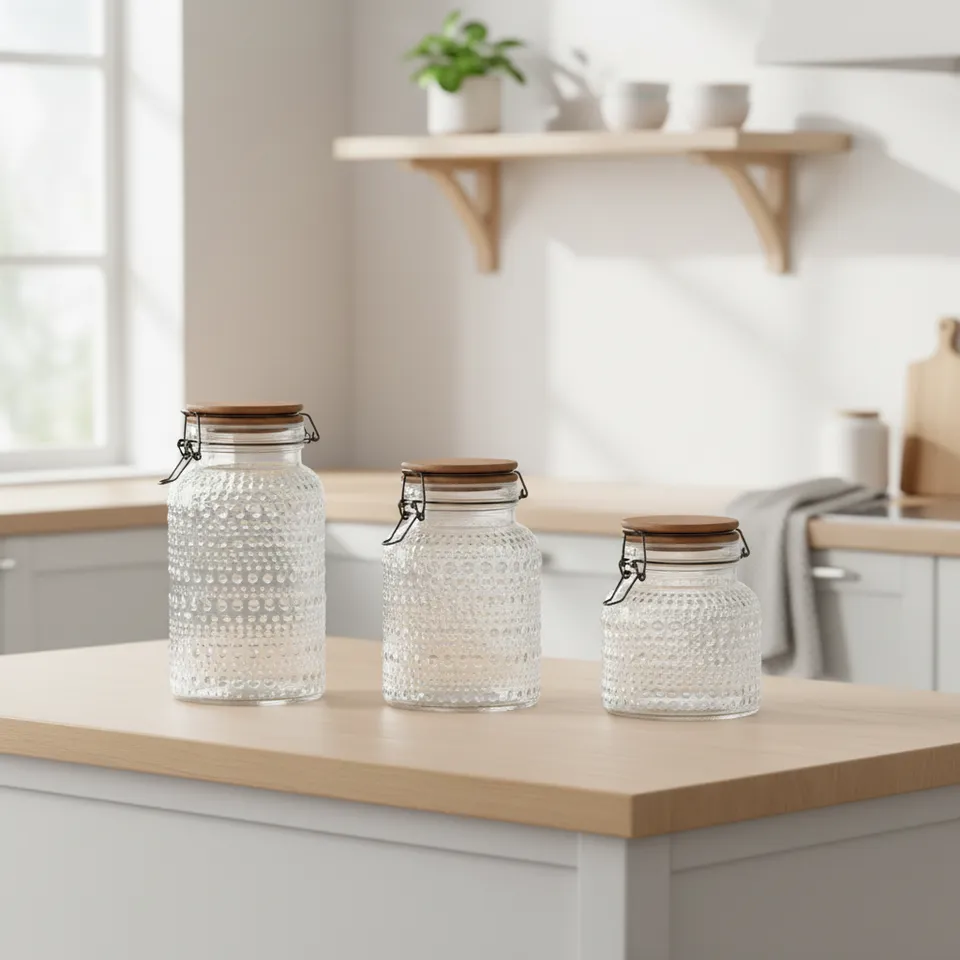 Home ESPRIT barattoli vetro ermetici acacia 3 pezzi
