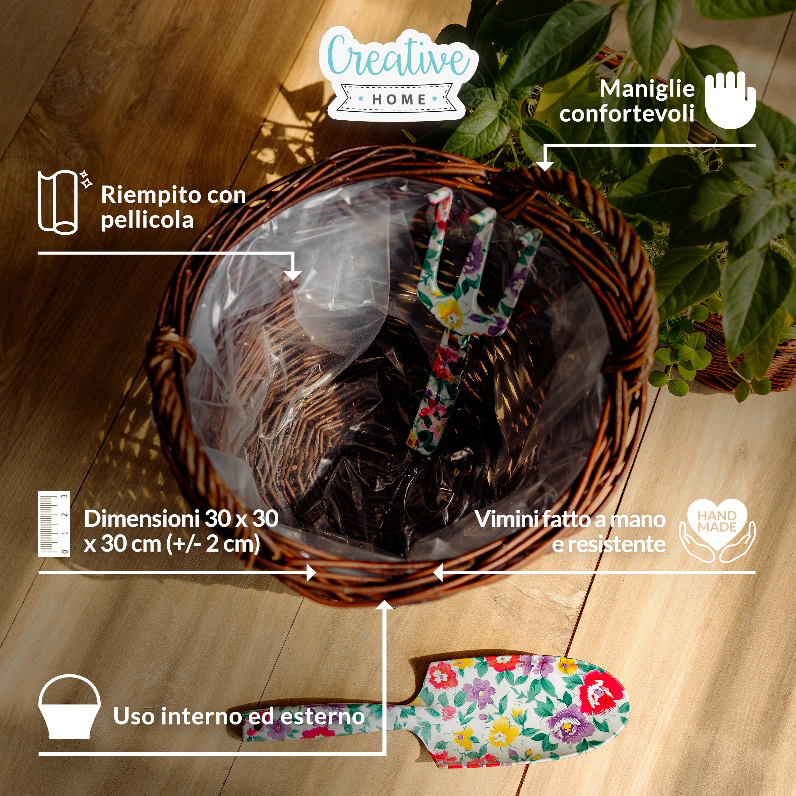 Creative Home Vaso Fiori Vimini Scuro 30x30x30 cm con Foglio