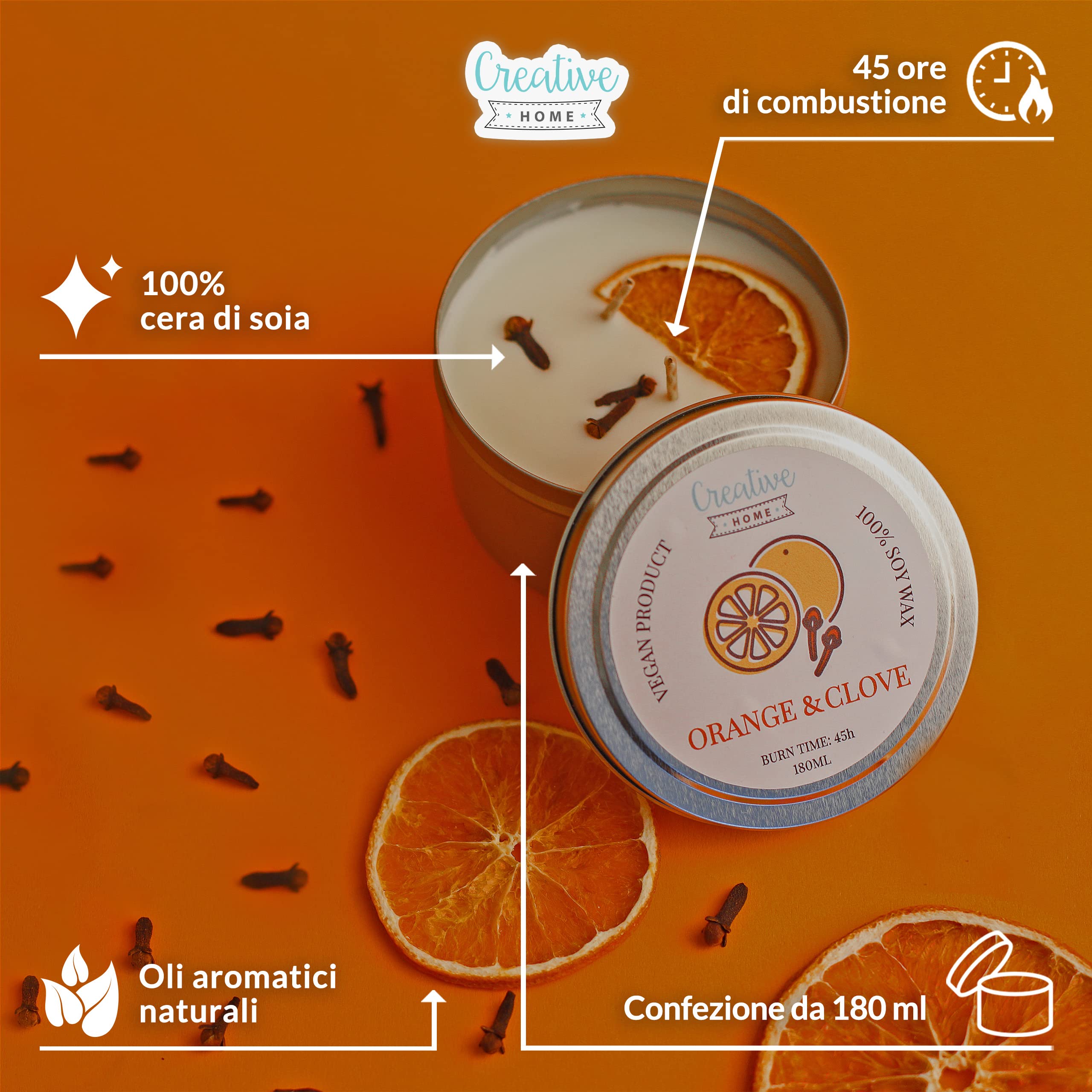 Creative Home Candela Profumata Arancia Garofano 180 ml Soia