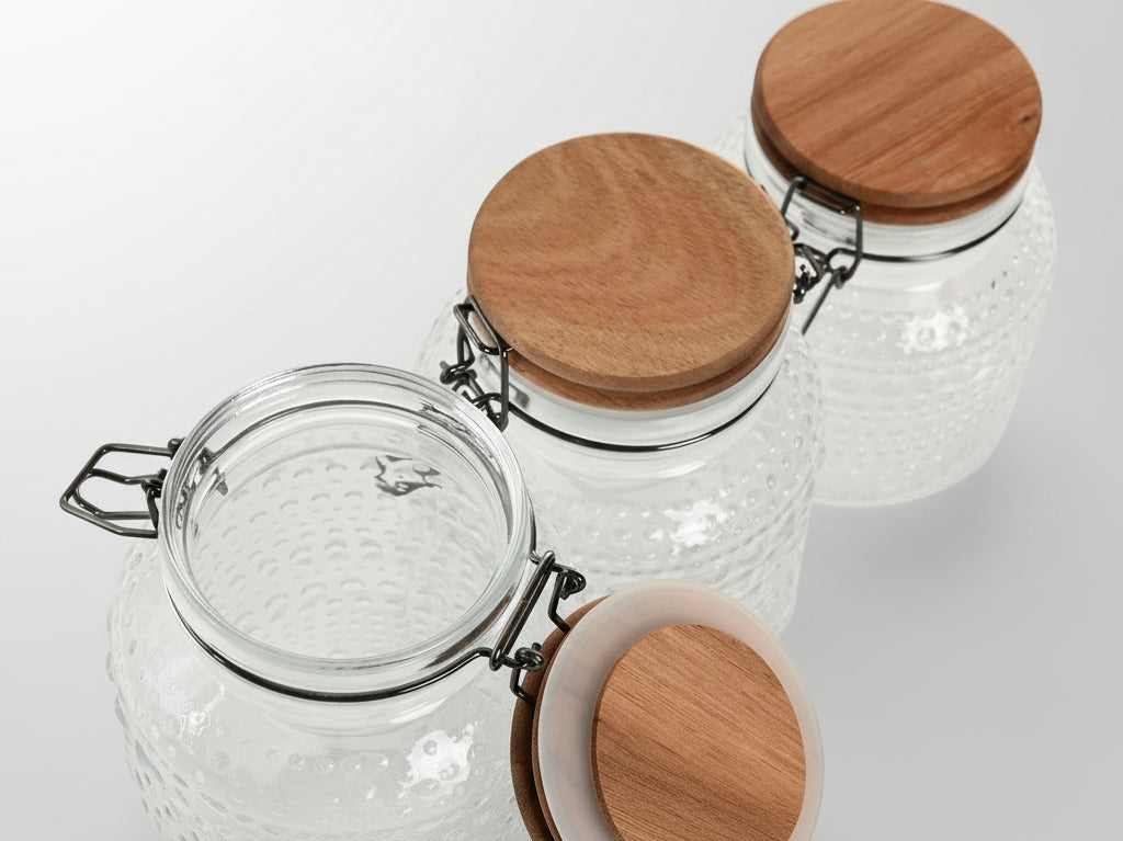 Home ESPRIT barattoli vetro ermetici acacia 3 pezzi