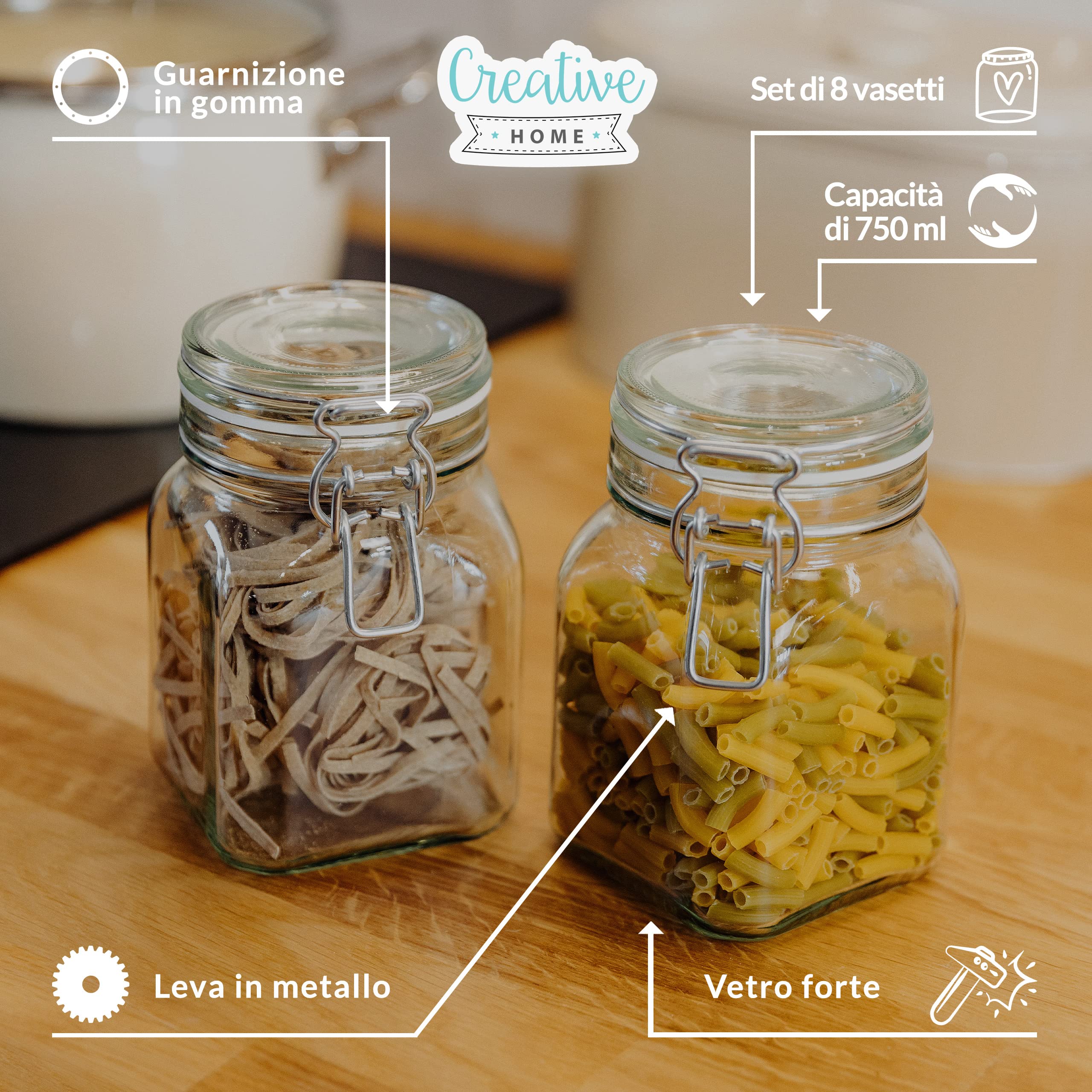 Creative Home Set 8 Barattoli Vetro Ermetici 750 ml con Clip