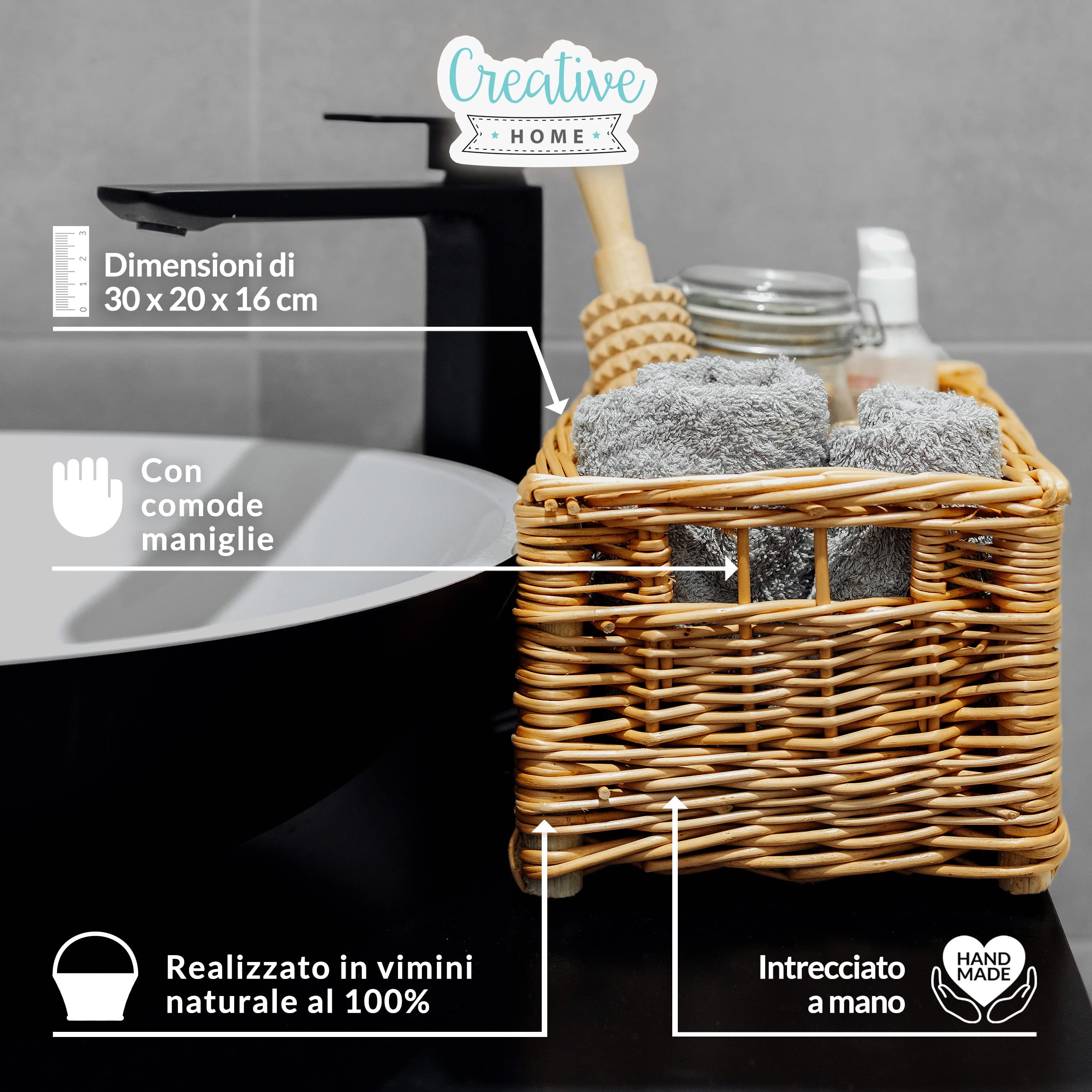 Creative Home Cesto Vimini Rettangolare 30x20x16 cm Marrone