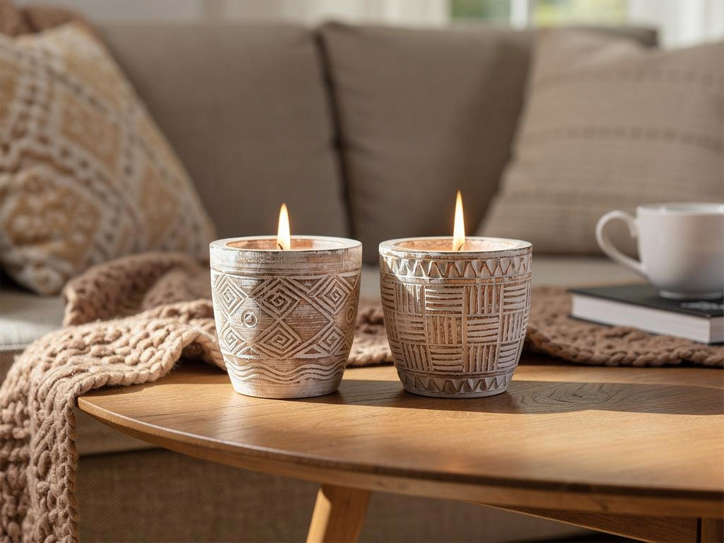 DKD Home Decor Set 2 Candele Vaso Legno 15 cm