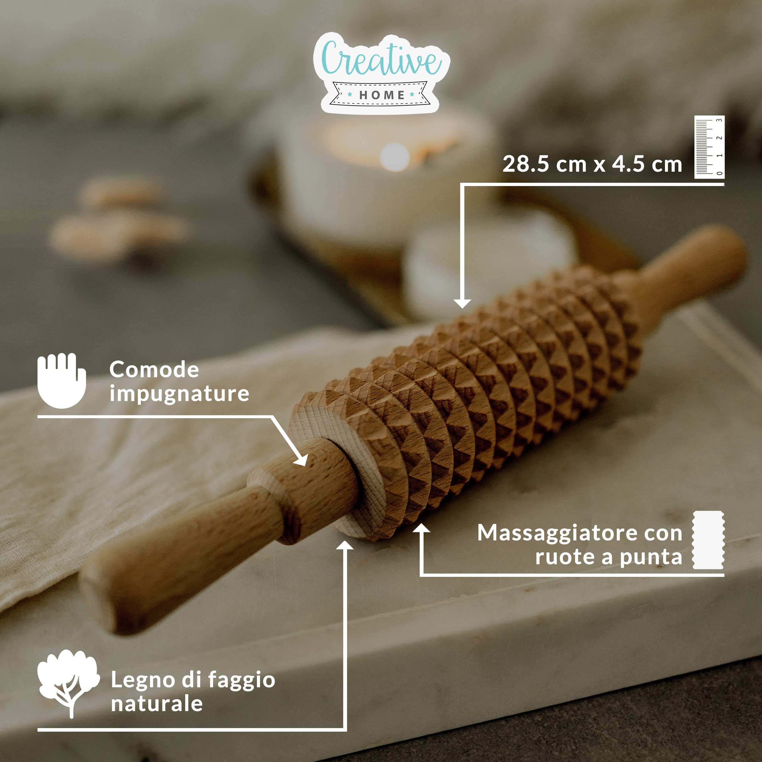 Creative Home Rullo Massaggio Legno Faggio con Manici Corpo