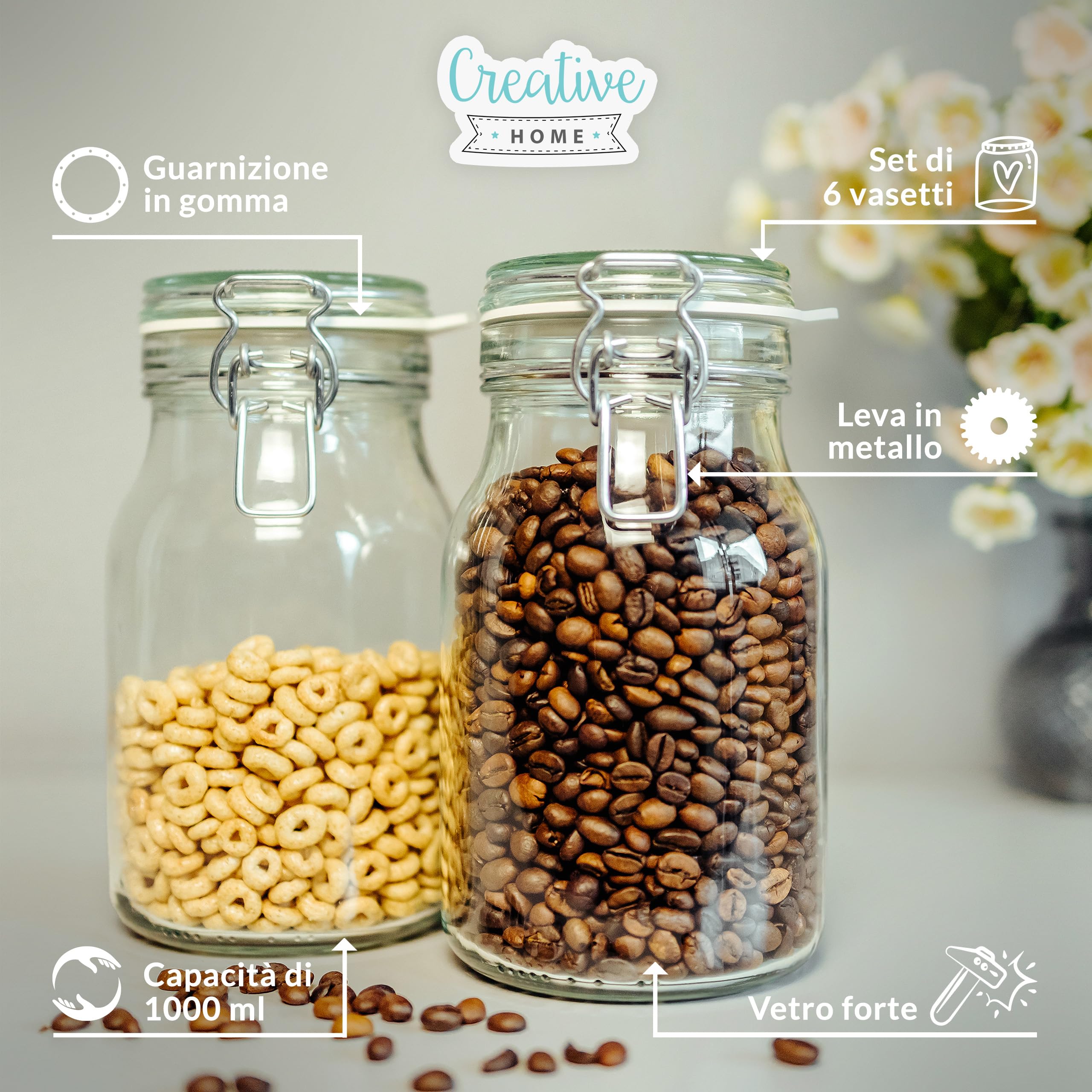 Creative Home Barattoli Vetro Ermetici 6x1L con Chiusura a Clip