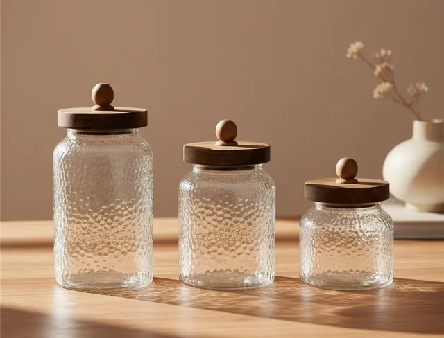 Home ESPRIT set 3 barattoli vetro martellato acacia ermetici 1,2 L
