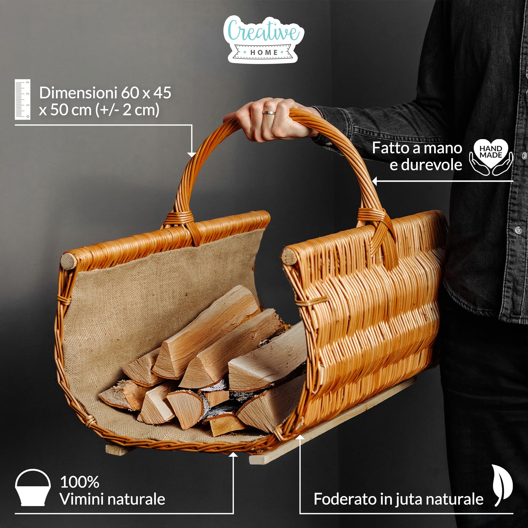 Creative Home Cesto Portalegna Vimini Marrone 60x45x50 cm