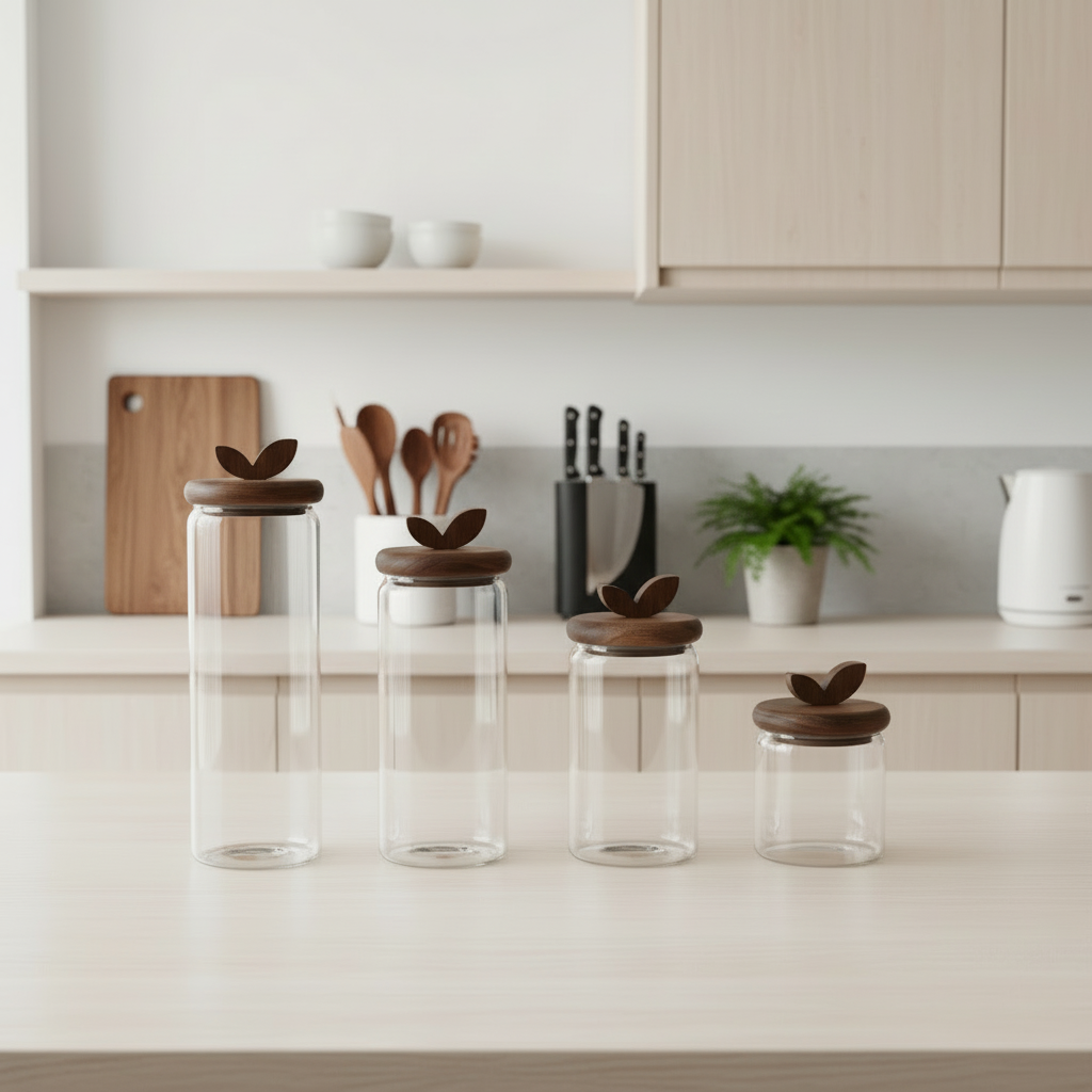 Home ESPRIT set 4 barattoli vetro con coperchio acacia e foglia