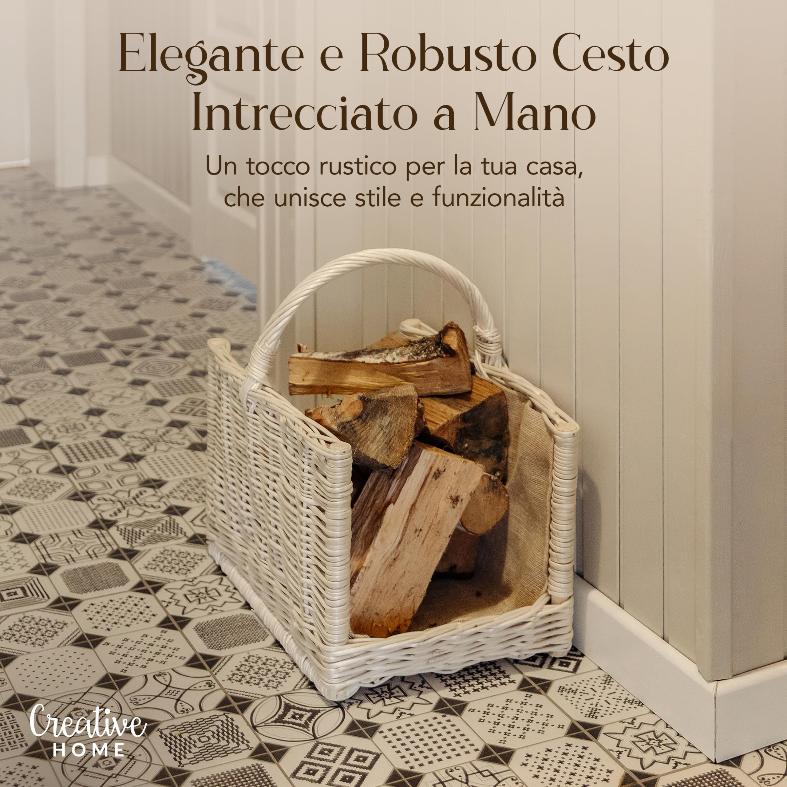 Creative Home Cesto Portalegna Vimini Bianco 50x34x50 cm