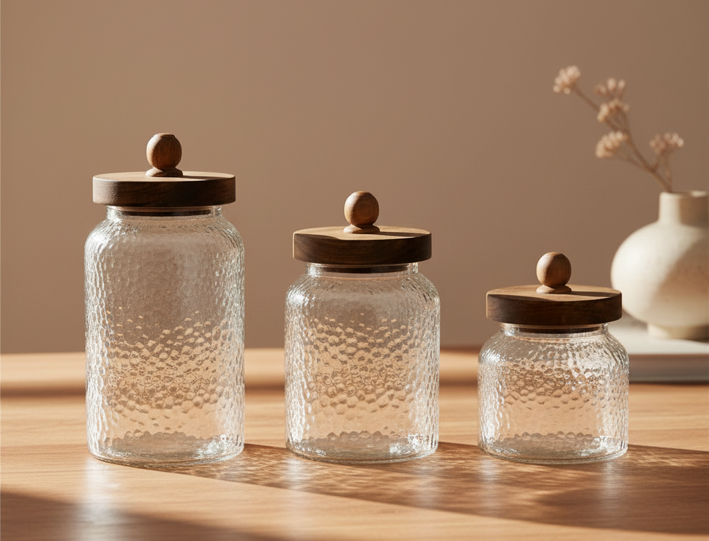 Home ESPRIT set 3 barattoli vetro martellato acacia ermetici 1,2 L