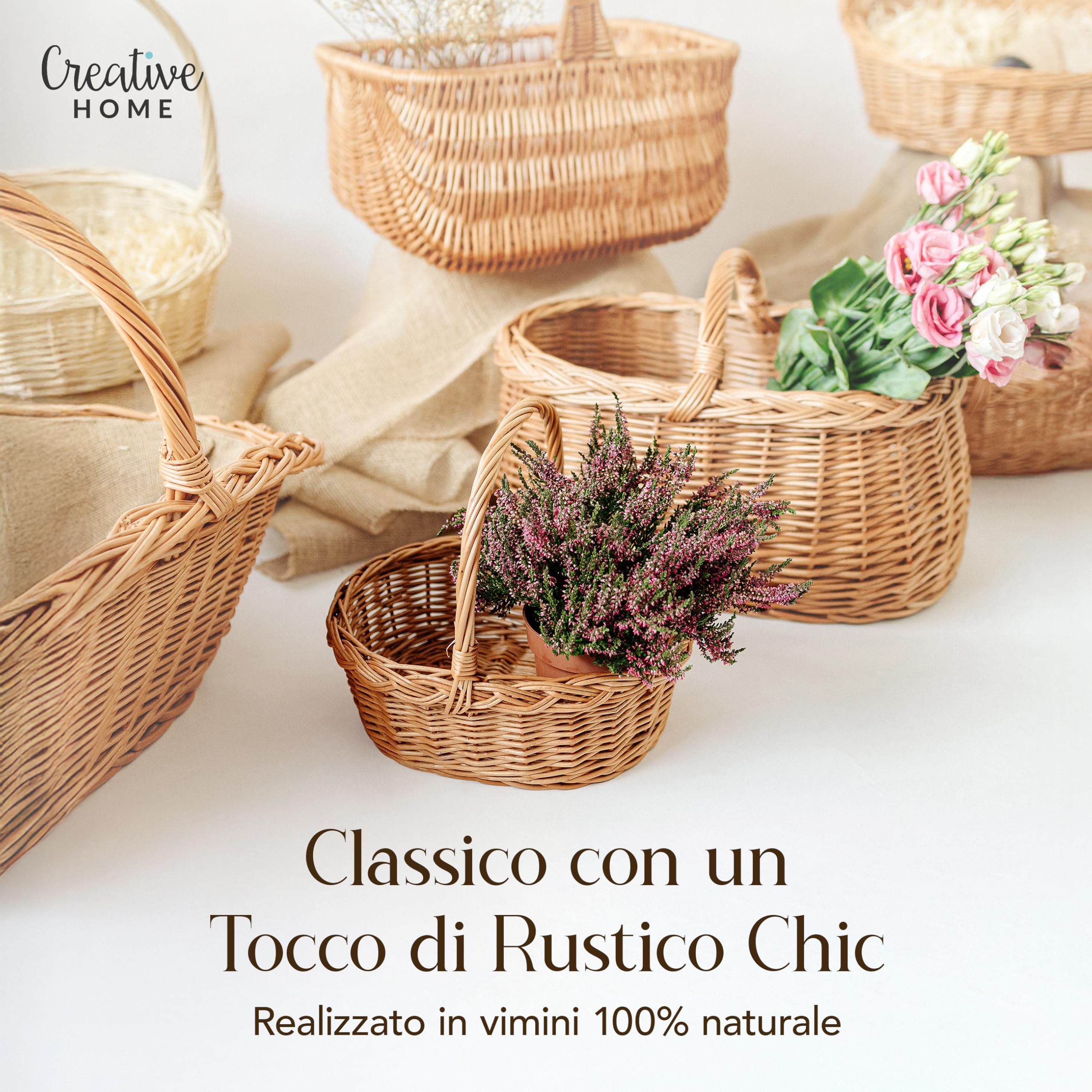 Creative Home Cestino Vimini Manico 30x27x24 cm Naturale
