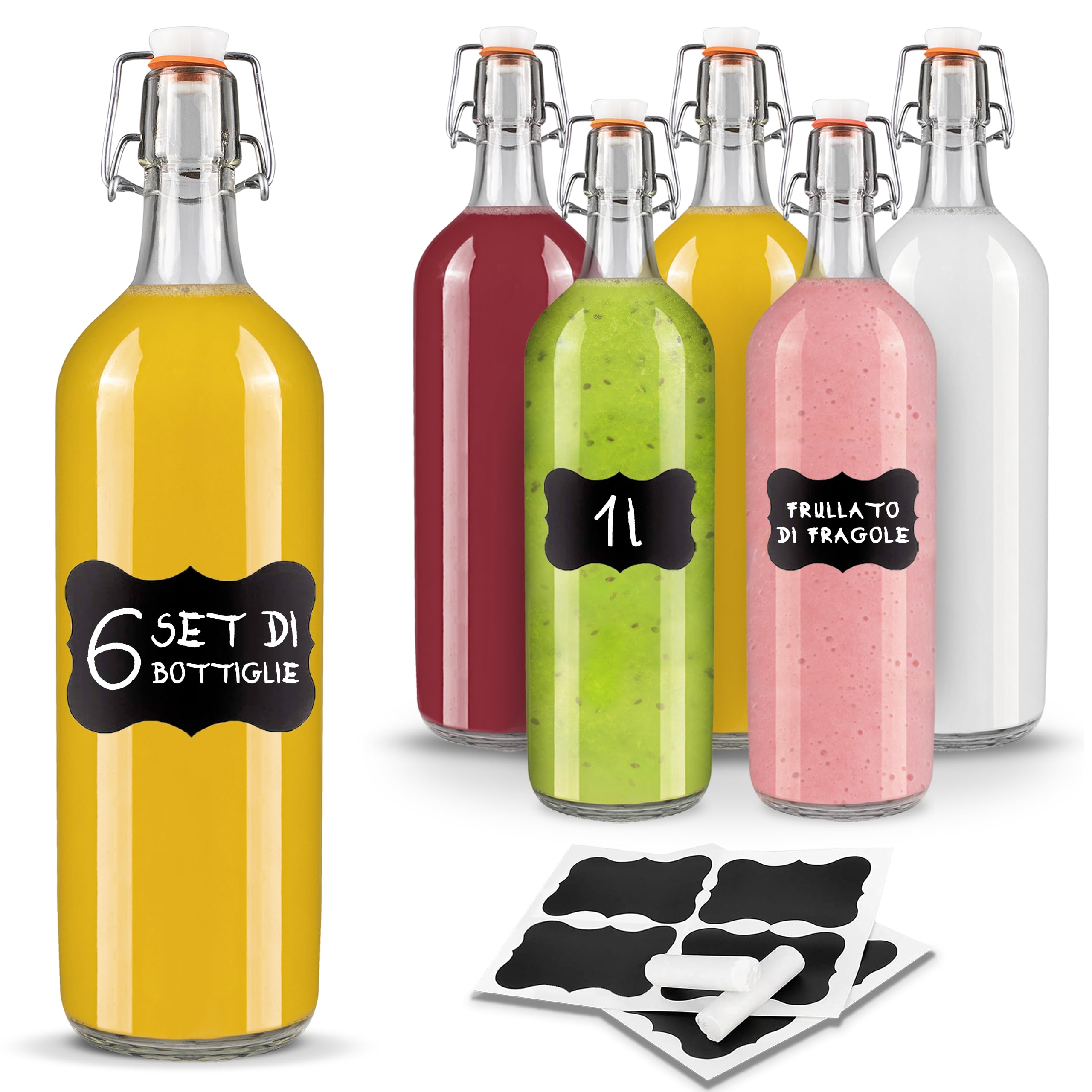 Creative Home Bottiglie Vetro 1 L Set 6 Tappo Ermetico