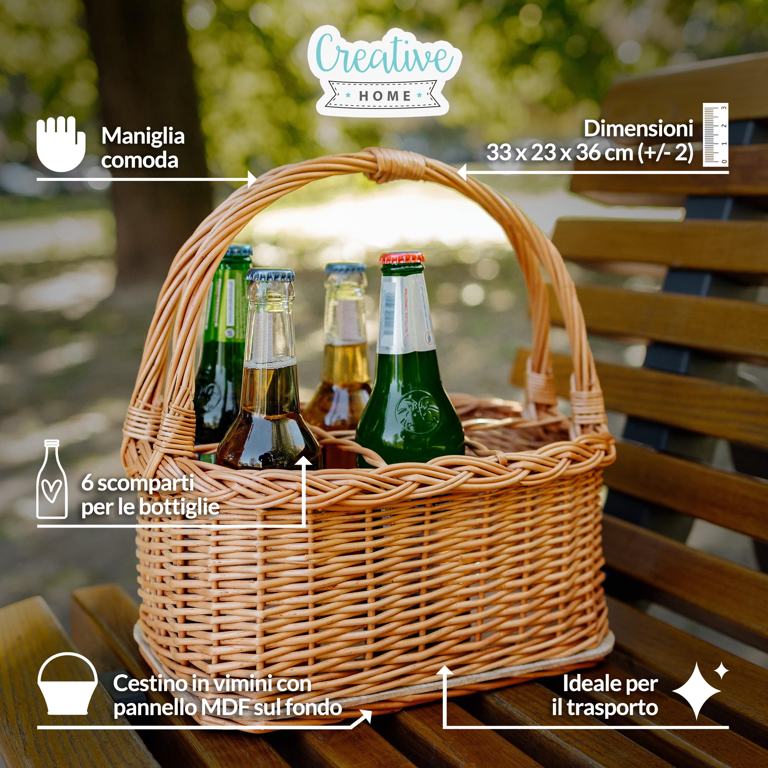 Creative Home Cestino Portabottiglie Vimini 6 Bottiglie 33x23x36 cm