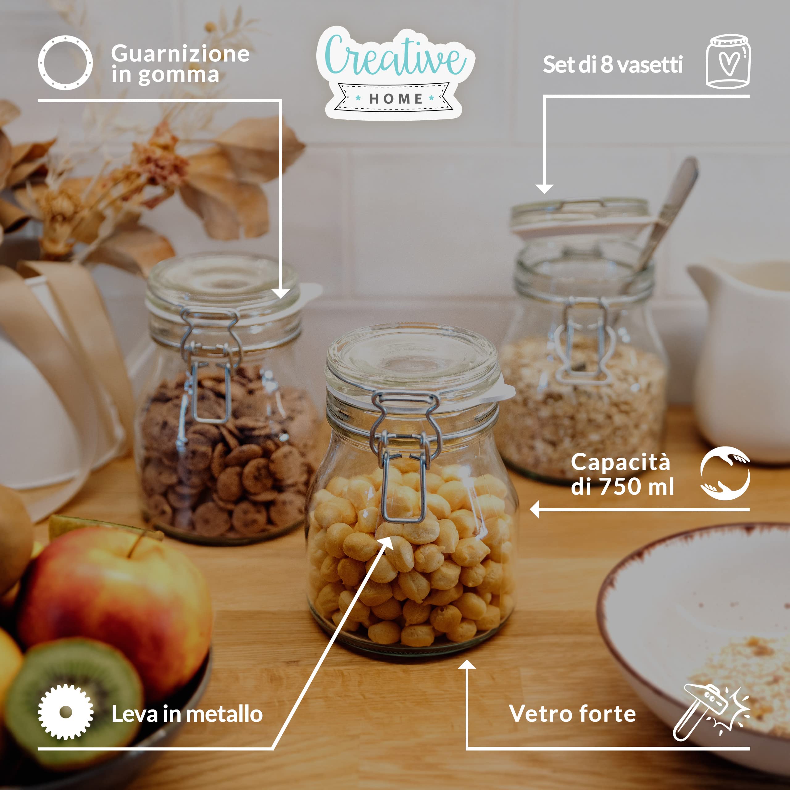 Creative Home Set 8 Barattoli Vetro Chiusura Clip 750 ml