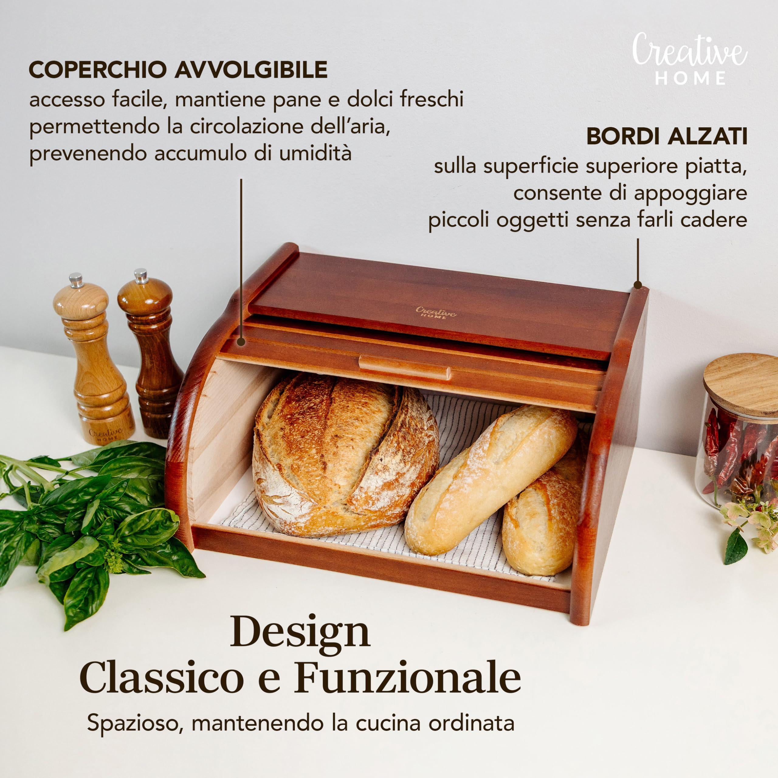 Creative Home Portapane Legno Coperchio Scorrevole 38 cm Marrone