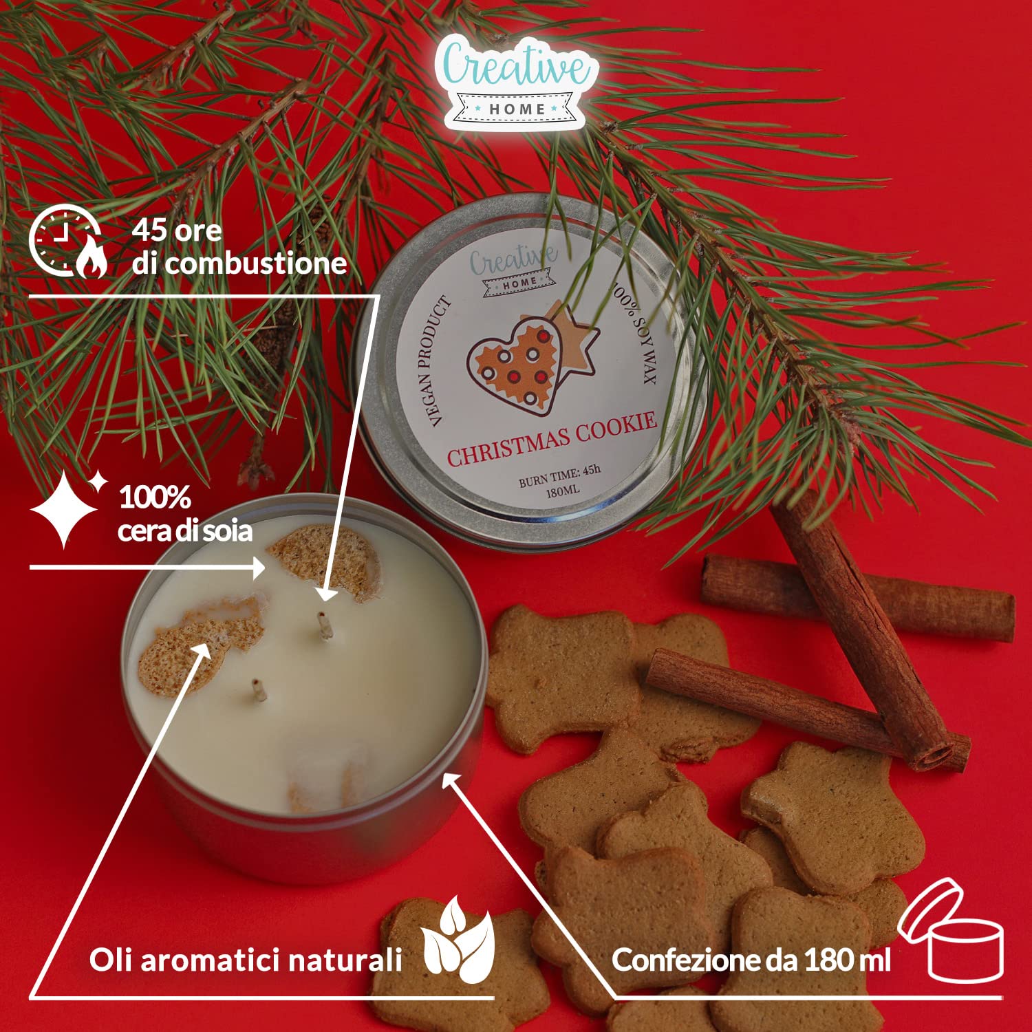 Creative Home Candela Profumata Biscotto 180 ml Cera di Soia