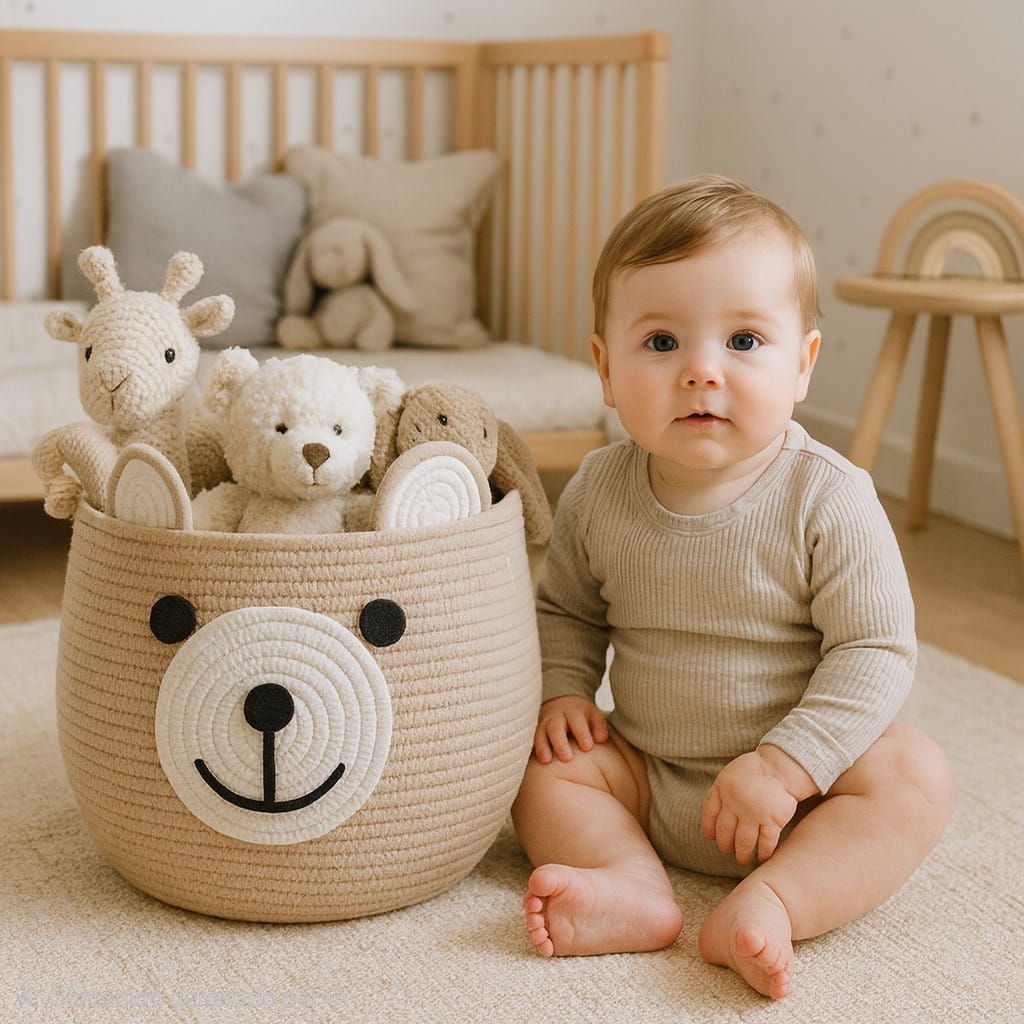 BELMIN Orso cesto portagiochi cotone beige 35x28 cm