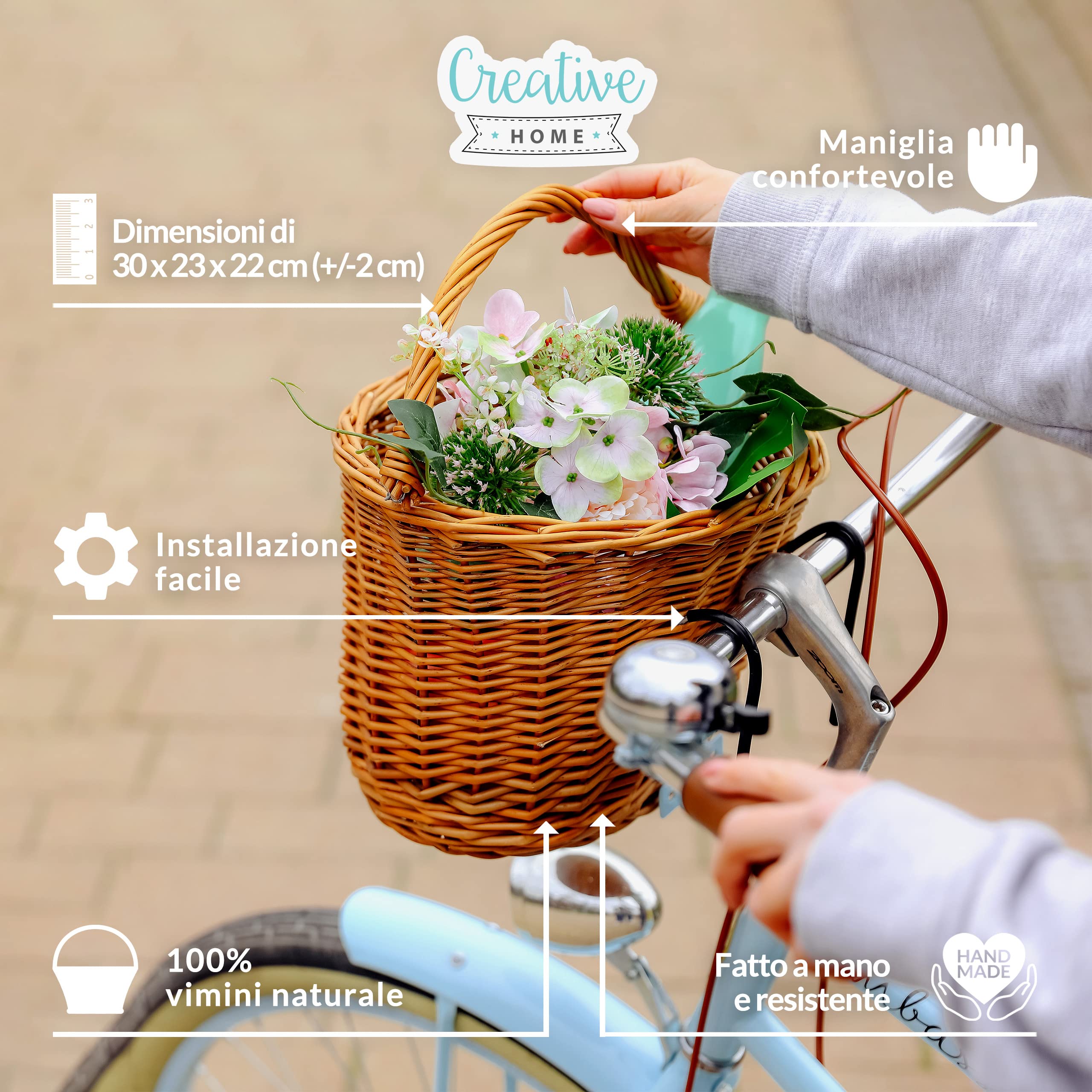 Creative Home Cestino Bici in Vimini Naturale 30x23x22 cm con Gancio