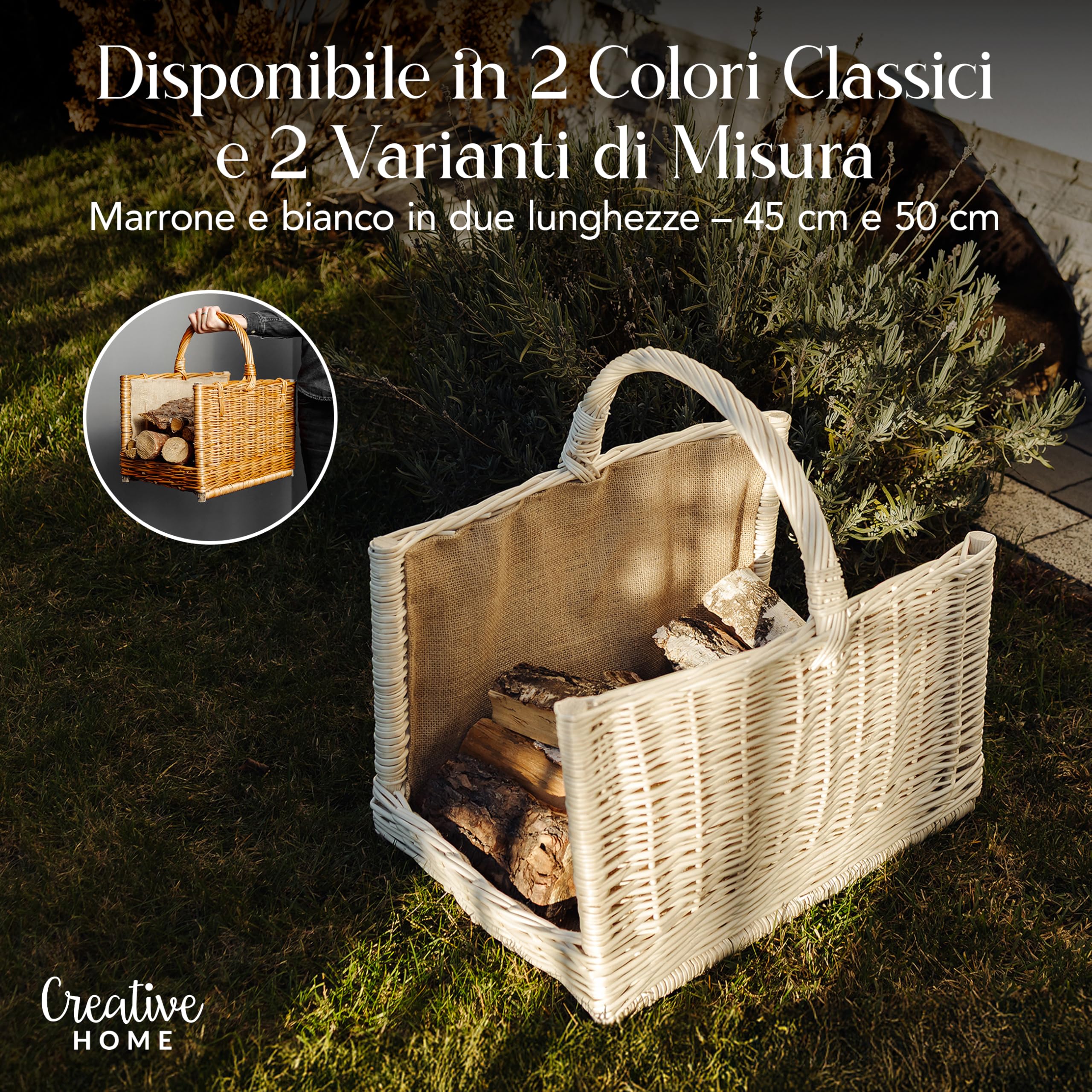 Creative Home Cesto Portalegna Vimini Bianco 50x34x50 cm