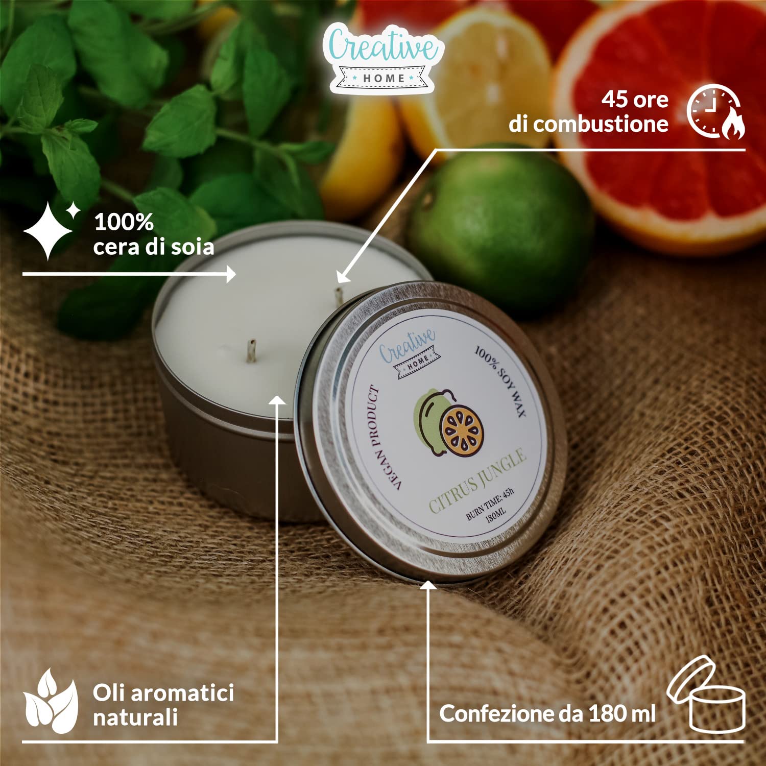 Creative Home Candela Profumata Agrumi Cera di Soia 180 ml