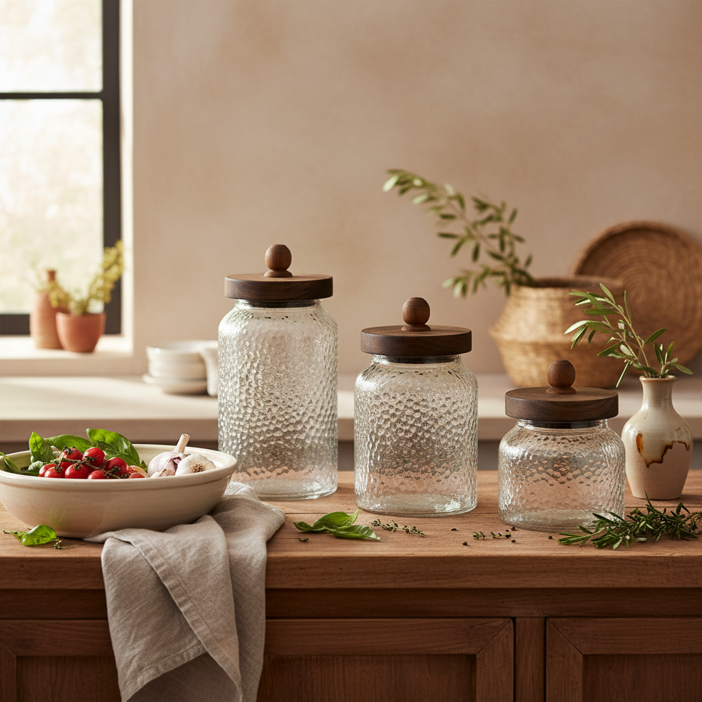 Home ESPRIT set 3 barattoli vetro martellato acacia ermetici 1,2 L