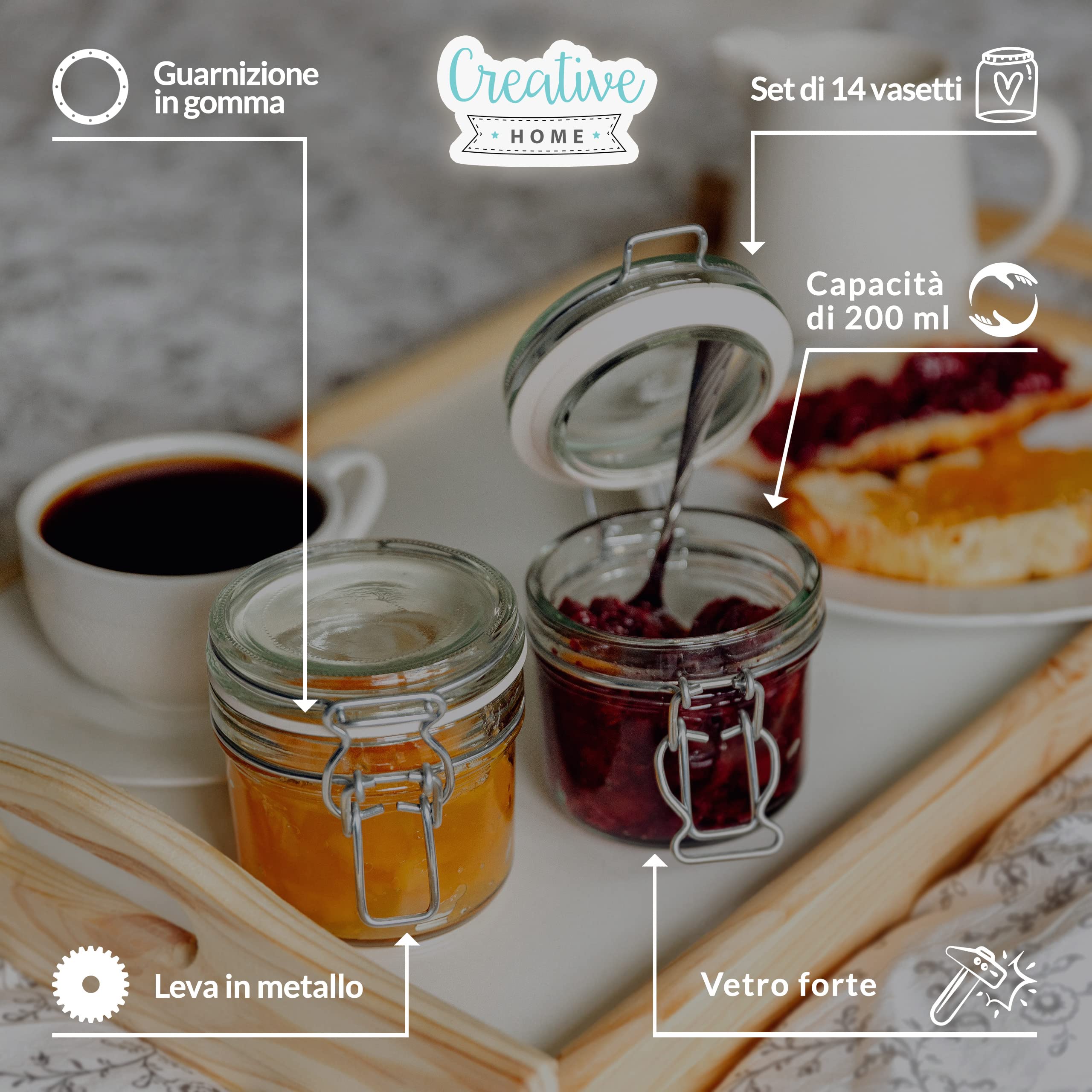 Creative Home Set 14 Barattoli Vetro Chiusura Clip 200 ml