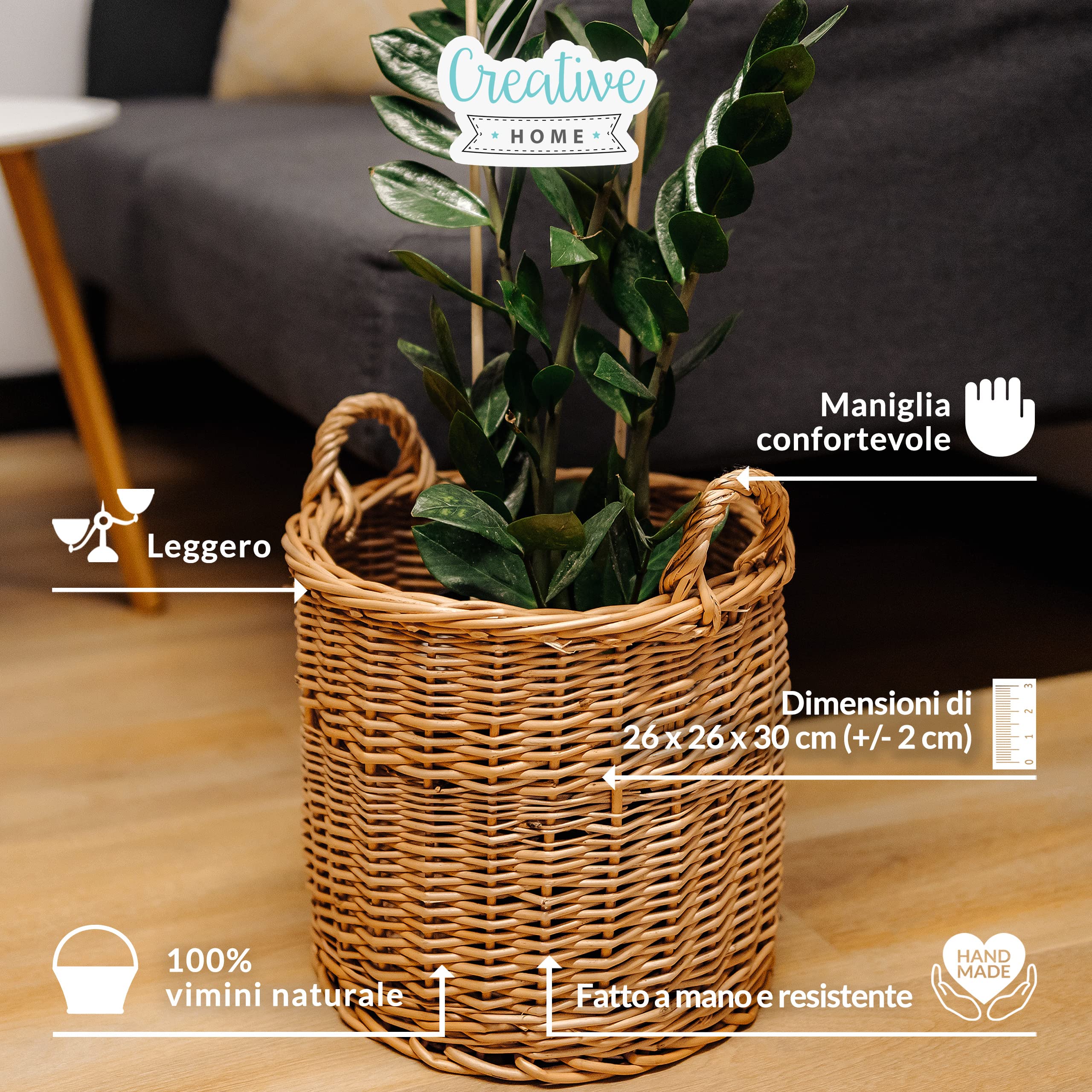 Creative Home Cesto Vimini Chiaro 26x26x30 cm con Manici