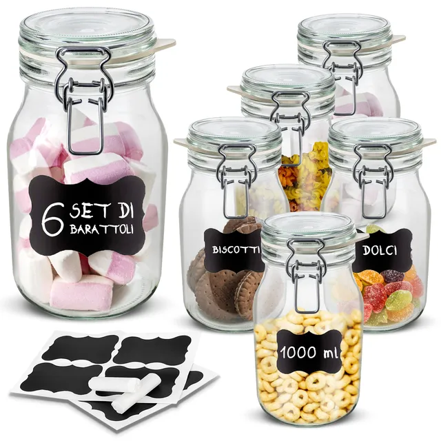 Creative Home Barattoli Vetro Ermetici 6x1L con Chiusura a Clip