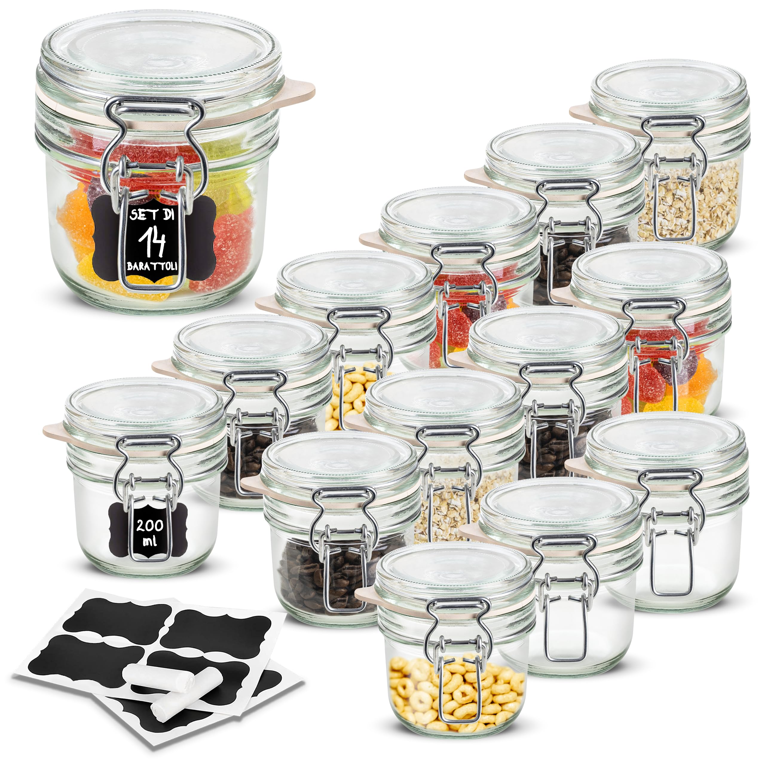 Creative Home Set 14 Barattoli Vetro Chiusura Clip 200 ml