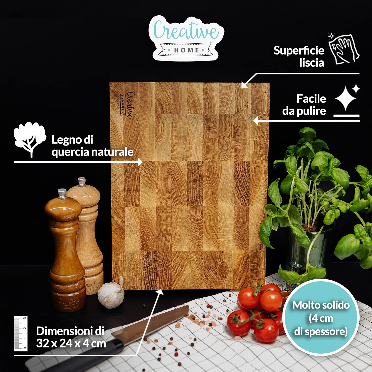 Creative Home Tagliere Quercia 32x24x4 cm Legno Massiccio