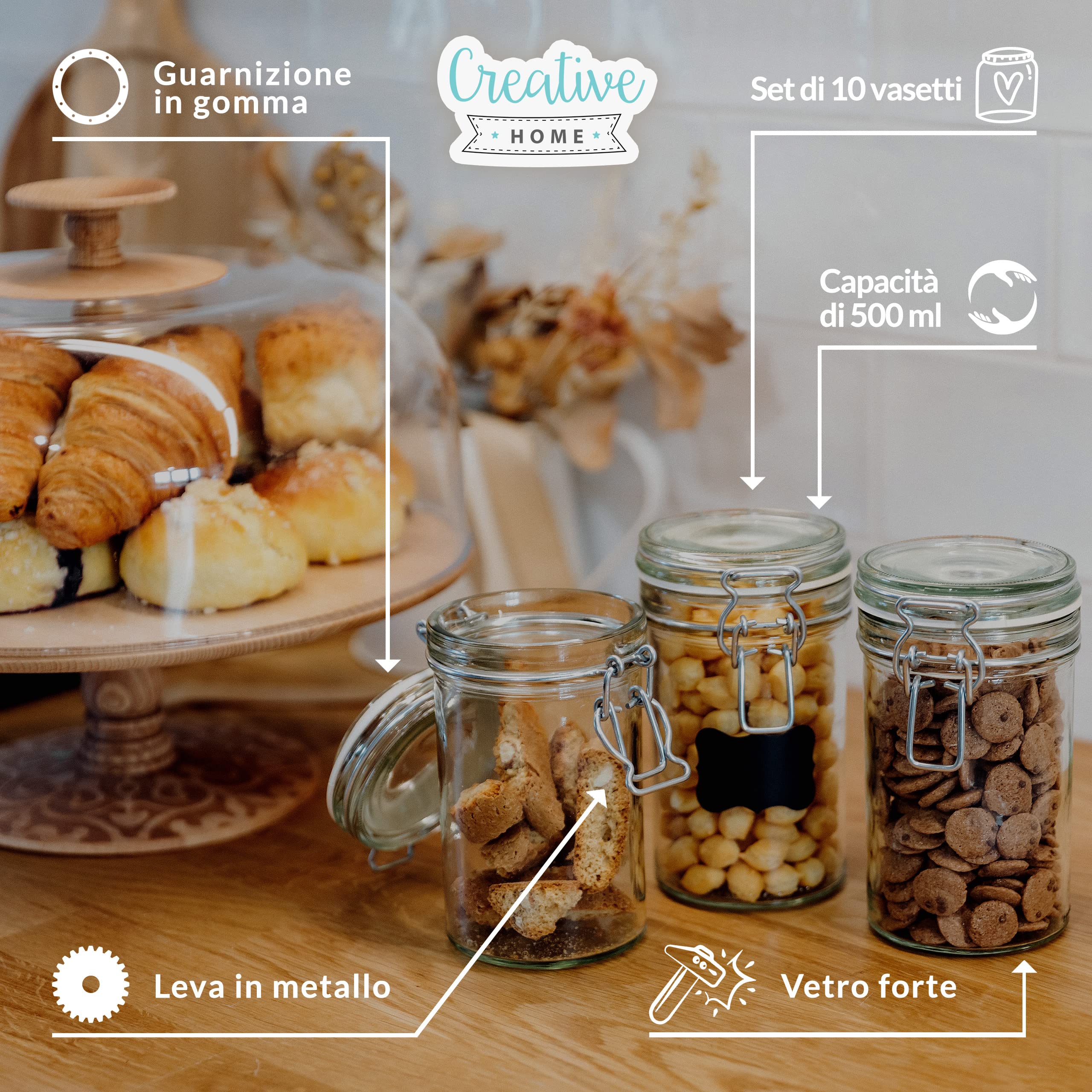 Creative Home set 10 barattoli vetro 500 ml ermetici