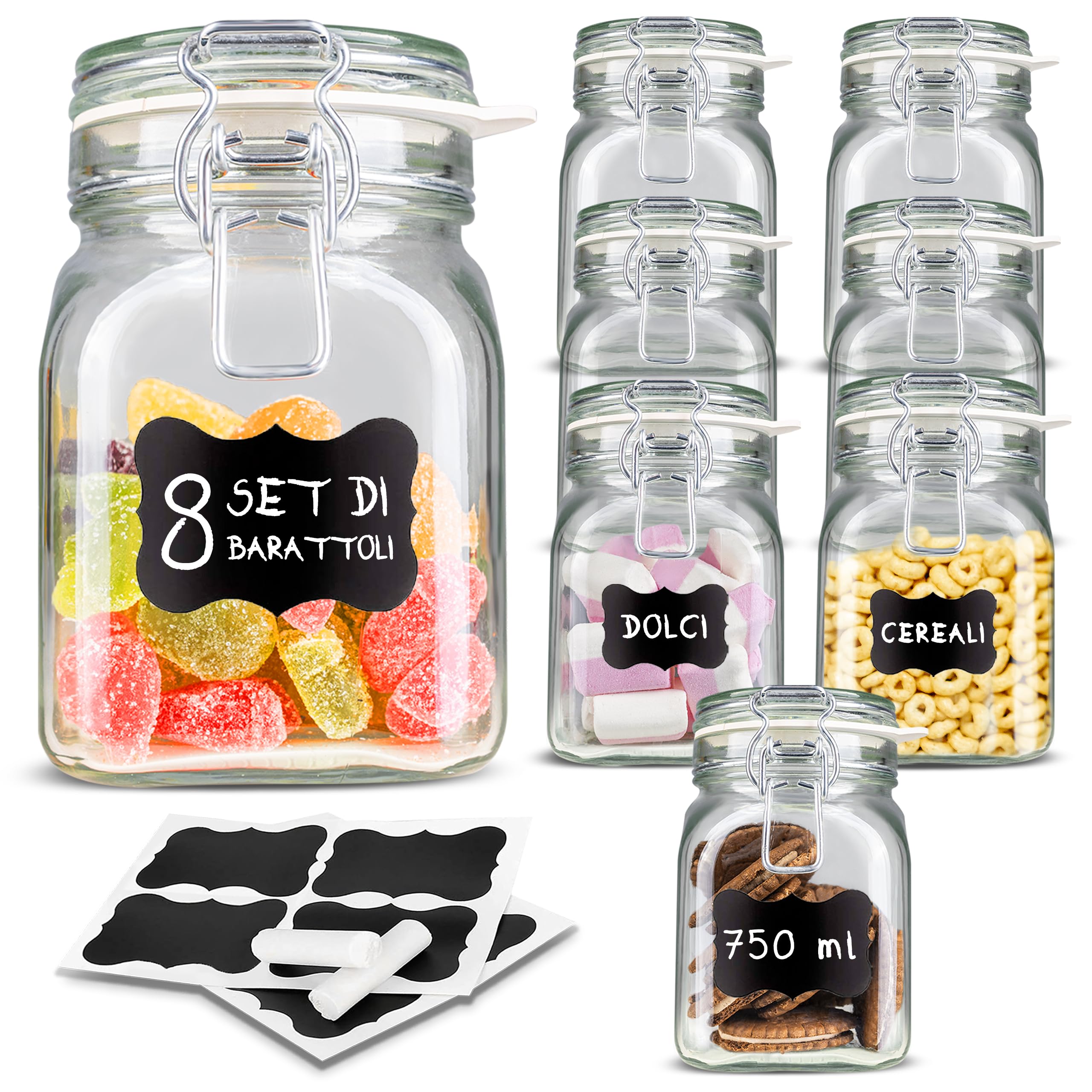 Creative Home Set 8 Barattoli Vetro Ermetici 750 ml con Clip