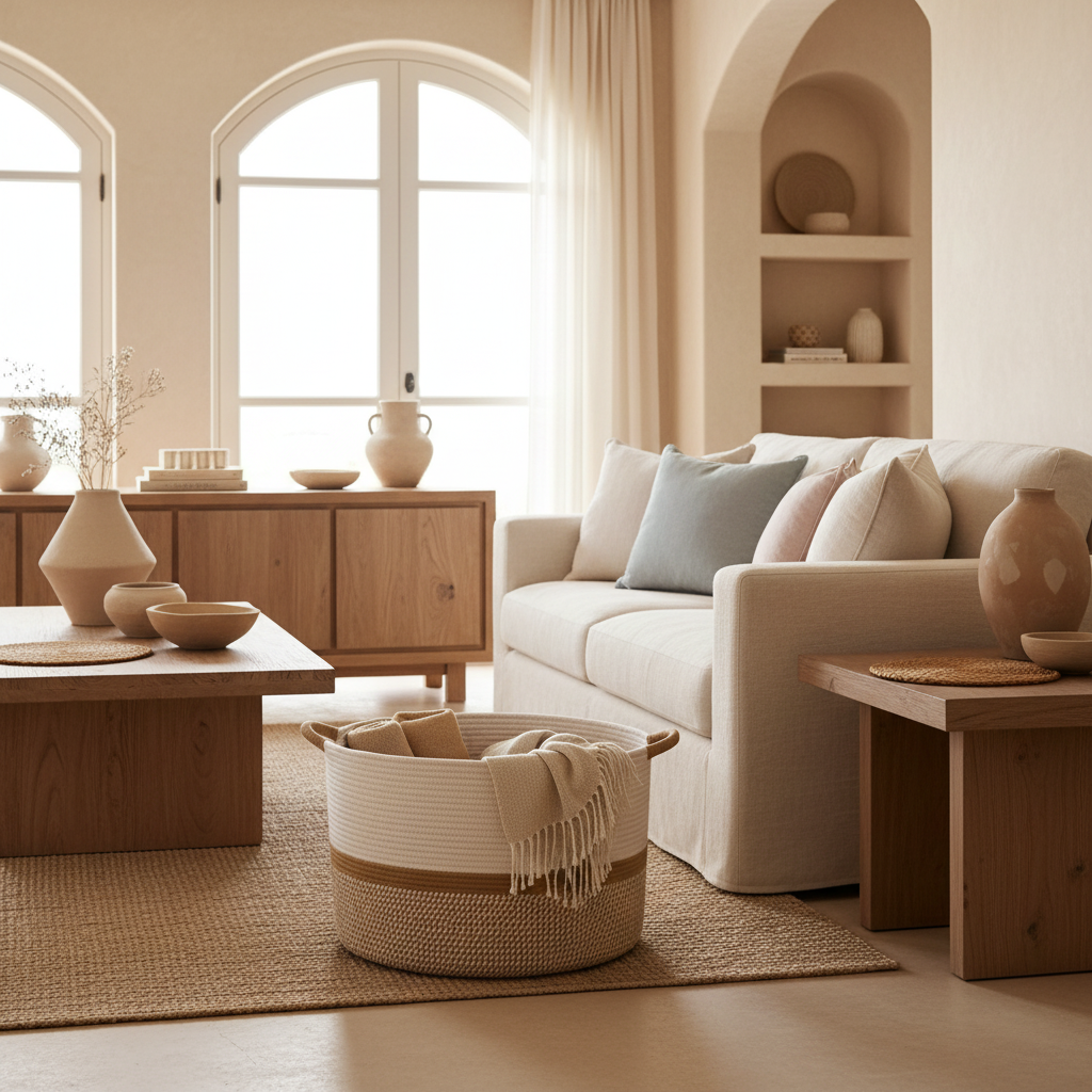 BELMIN cesta XL cotone neutro 50x33 cm con manici per coperte