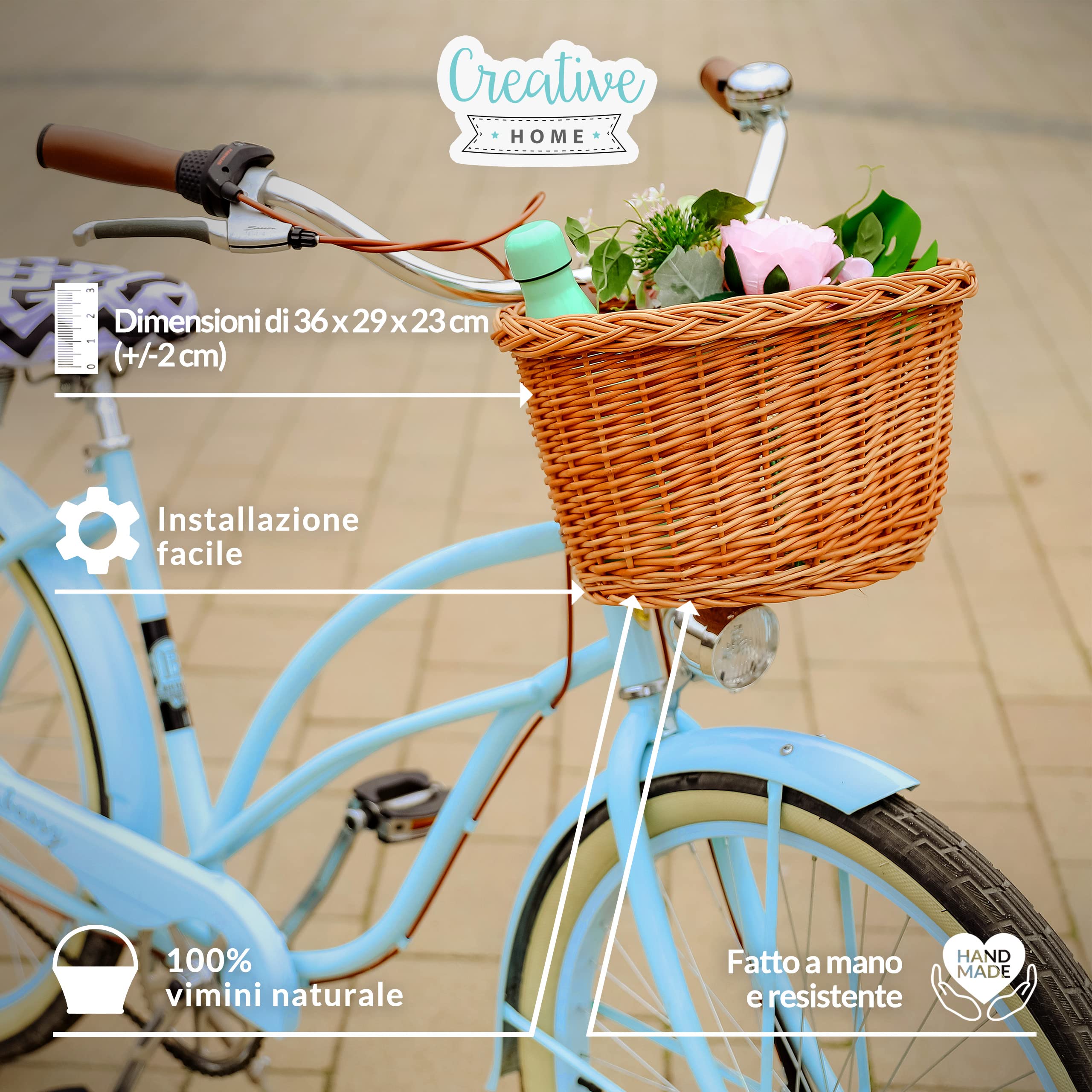 Creative Home Cestino Bici Vimini 36x29x23 cm Anteriore 5 kg