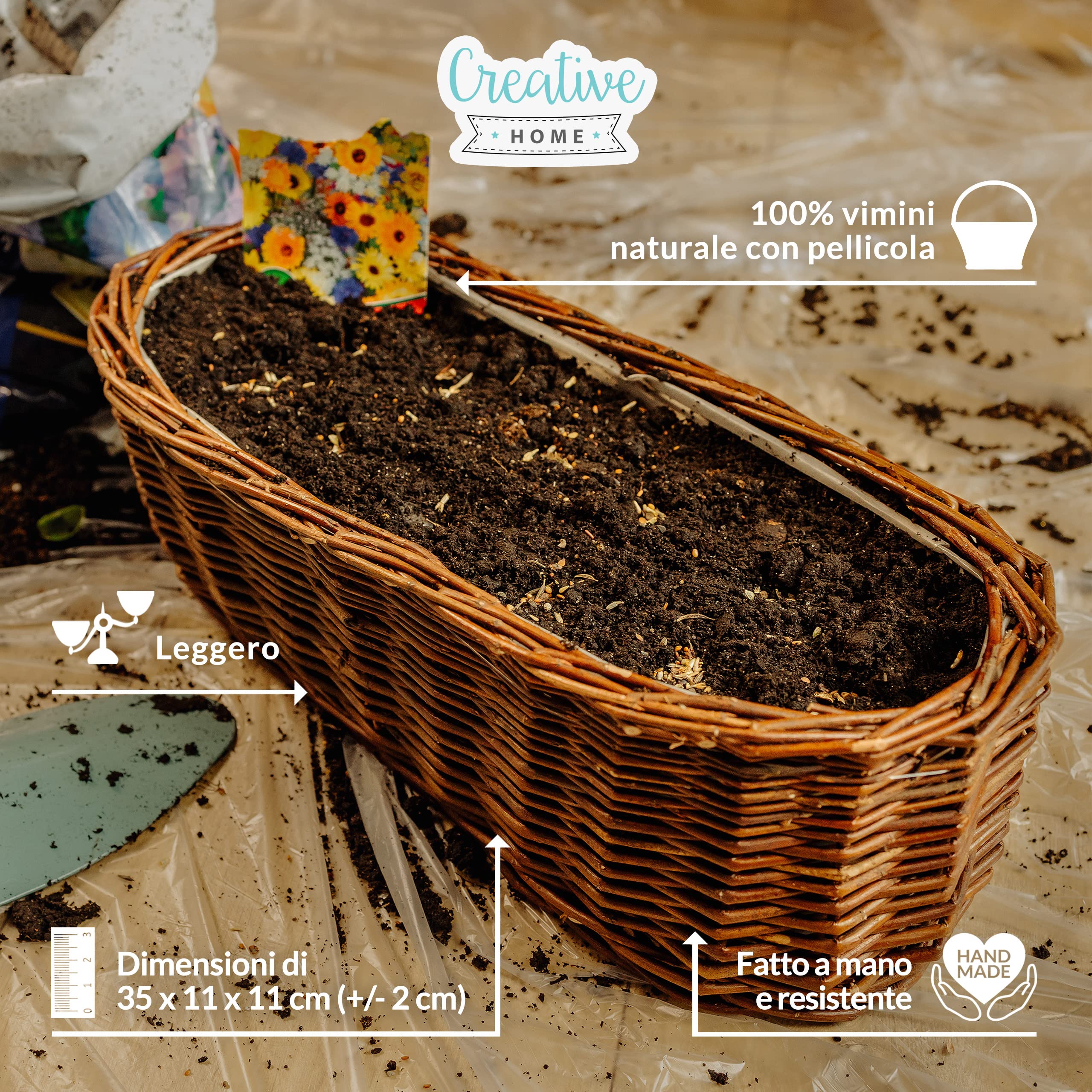 Creative Home Vaso Fiori Vimini Scuro 35x11x11 cm